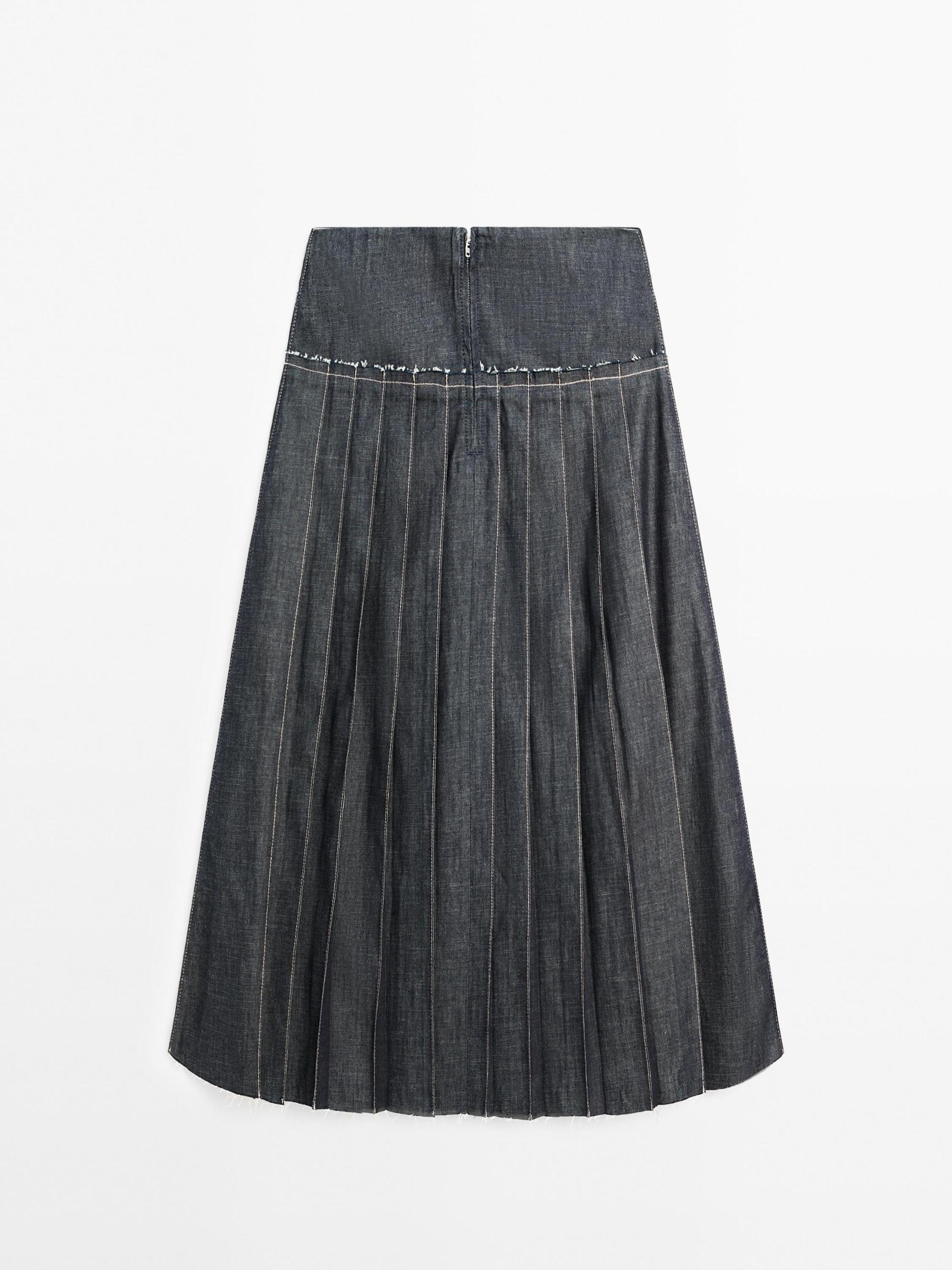 Denim midi skirt with box pleats Product Image