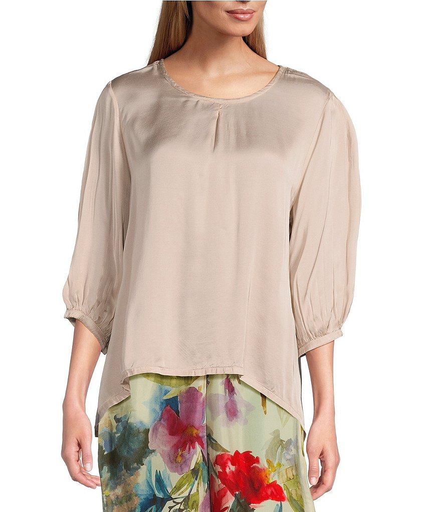 Bryn Walker Lucinda Satin Viscose Round Neck 3/4 Sleeve High-Low Shirt Product Image