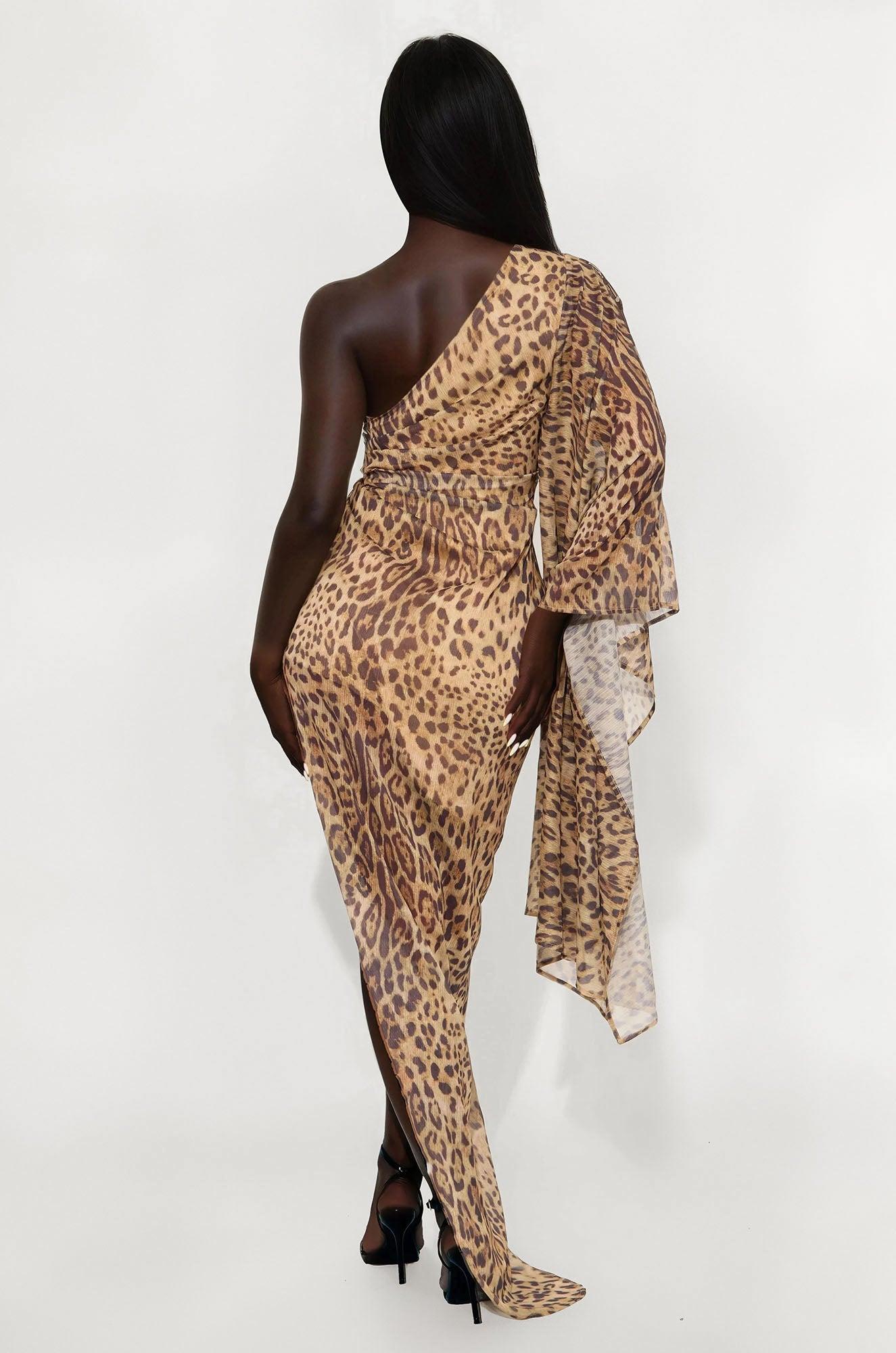 Marielle One Shoulder Chiffon Maxi Dress - Leopard Female Product Image