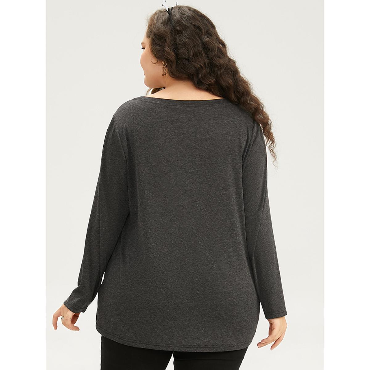 Plus Size Halloween Pumpkin Embroidered V Neck T-shirt DimGray Women Casual Embroidered Graphic-Halloween Festival-Halloween T-shirts BloomChic 26/4X Product Image