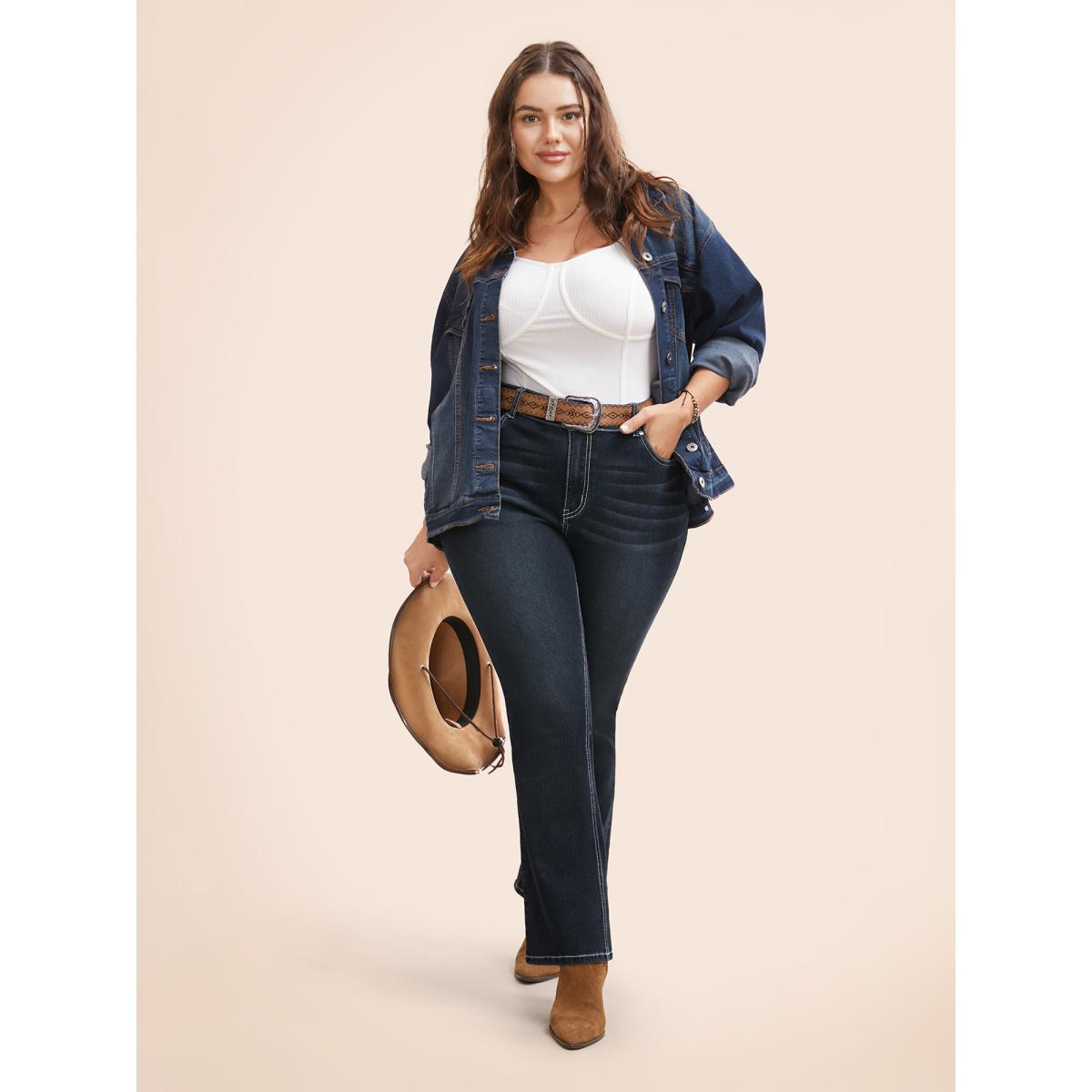 Plus Size Stretch Denim Embroided Pockets Flare Jeans Women Darkindigo Casual Embroidered Medium stretch Slanted pocket Jeans BloomChic 12/L Product Image