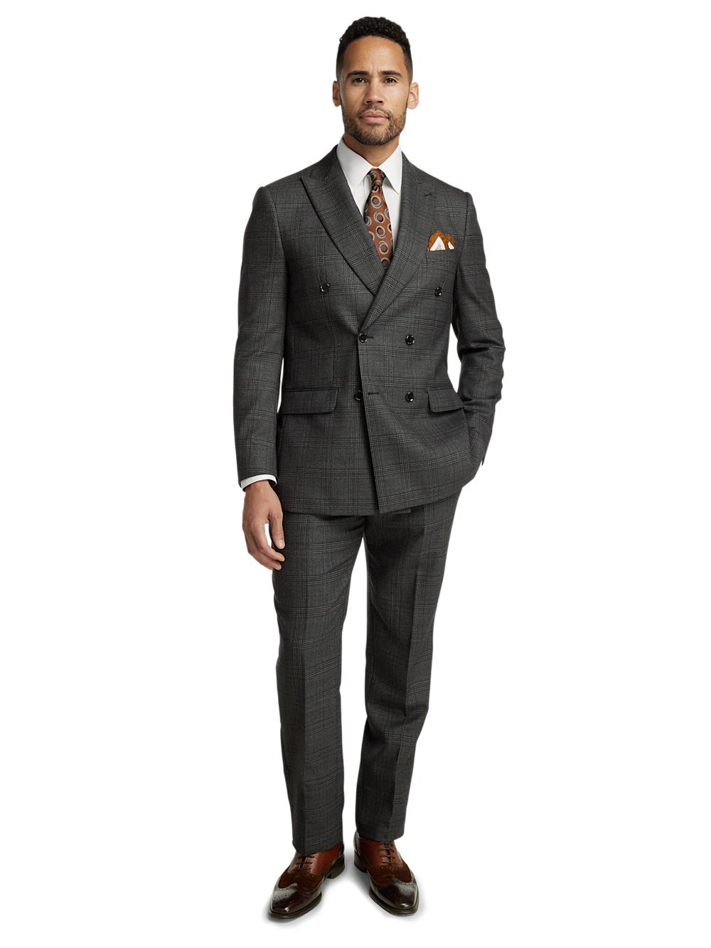 Wool Plaid Double Breasted Peak Lapel Suit - Charcoal Product Image