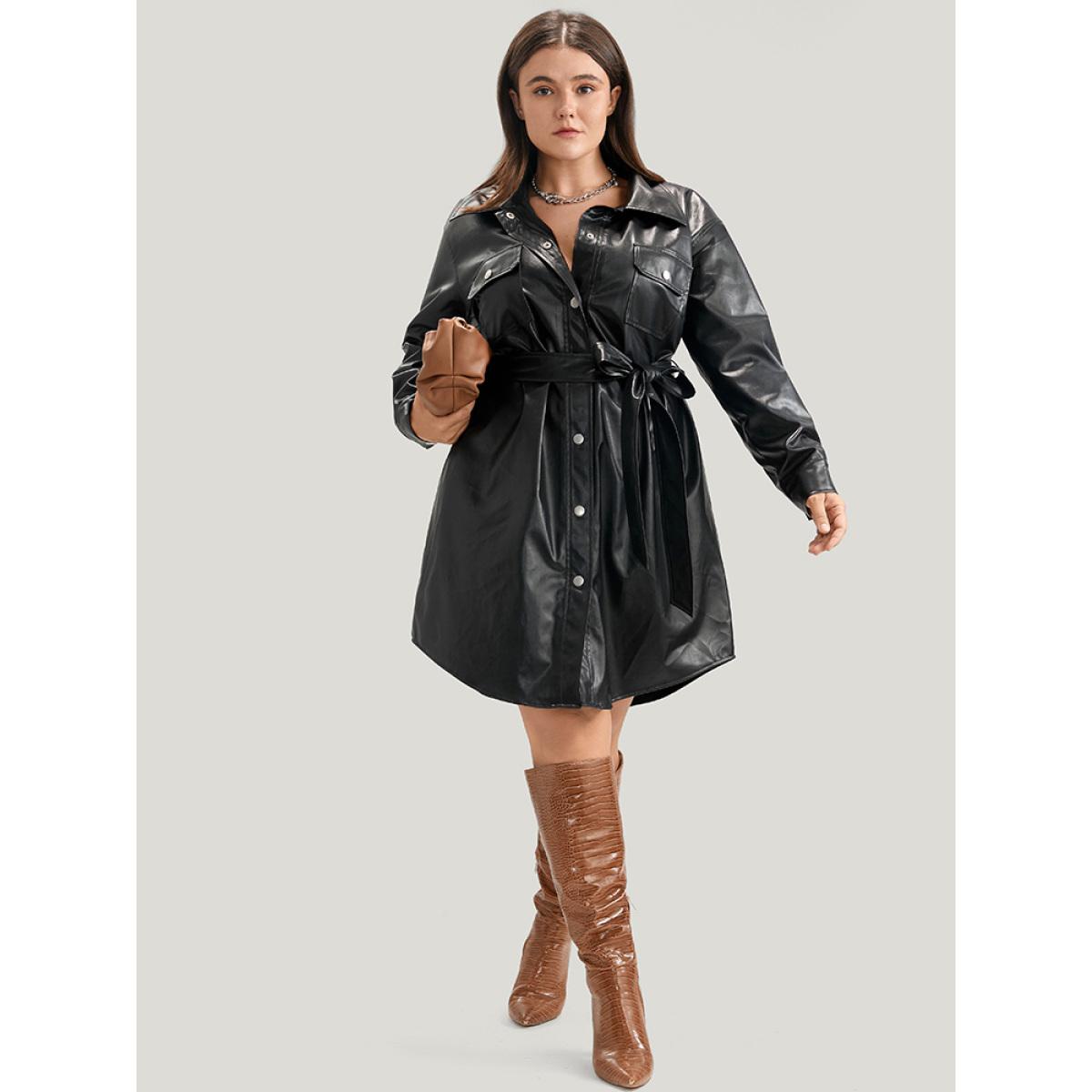 Plus Size PU Leather Pocket Belted Button Up Dress Black Women Party Belted Shirt collar Long Sleeve Curvy Knee Dress BloomChic 12/L Product Image
