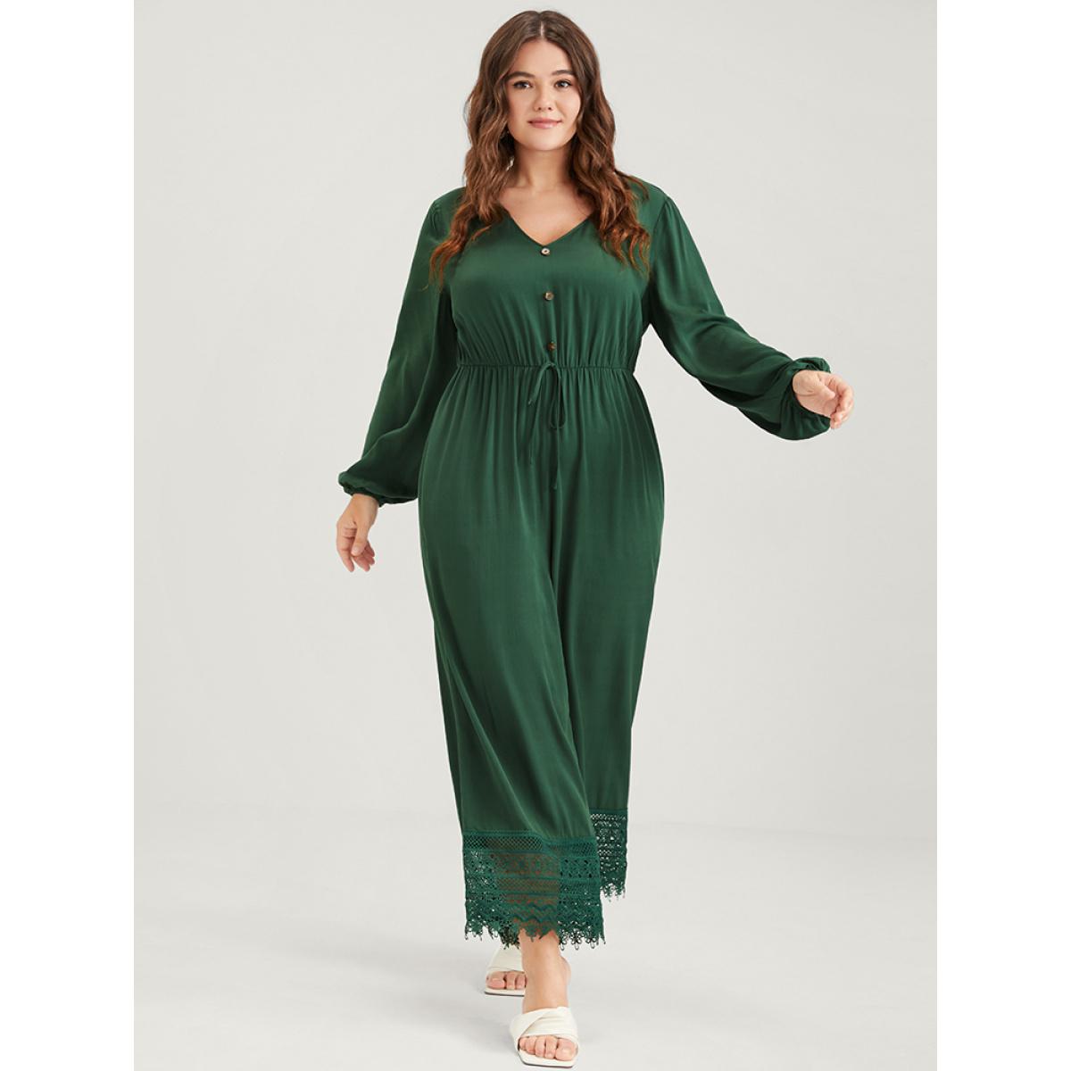 Plus Size Green Plain Pocket Button Lantern Sleeve Lace Hem Tie Jumpsuit Women Elegant Long Sleeve V-neck Dailywear Loose Jumpsuits BloomChic 18-20/2X Product Image