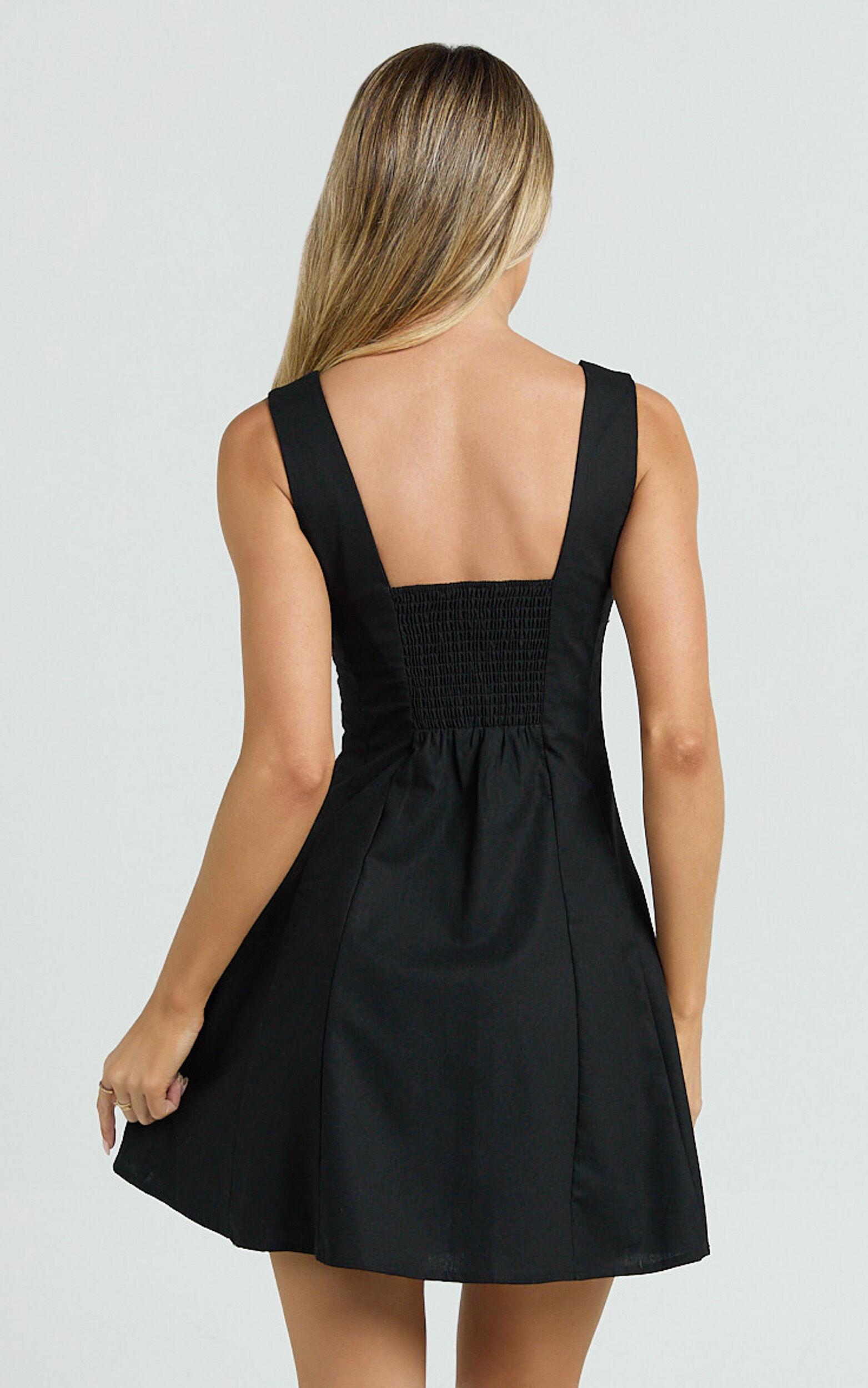 Adiana Mini Dress - Linen Square Neck Shirred Back A Line Dress in Black Product Image