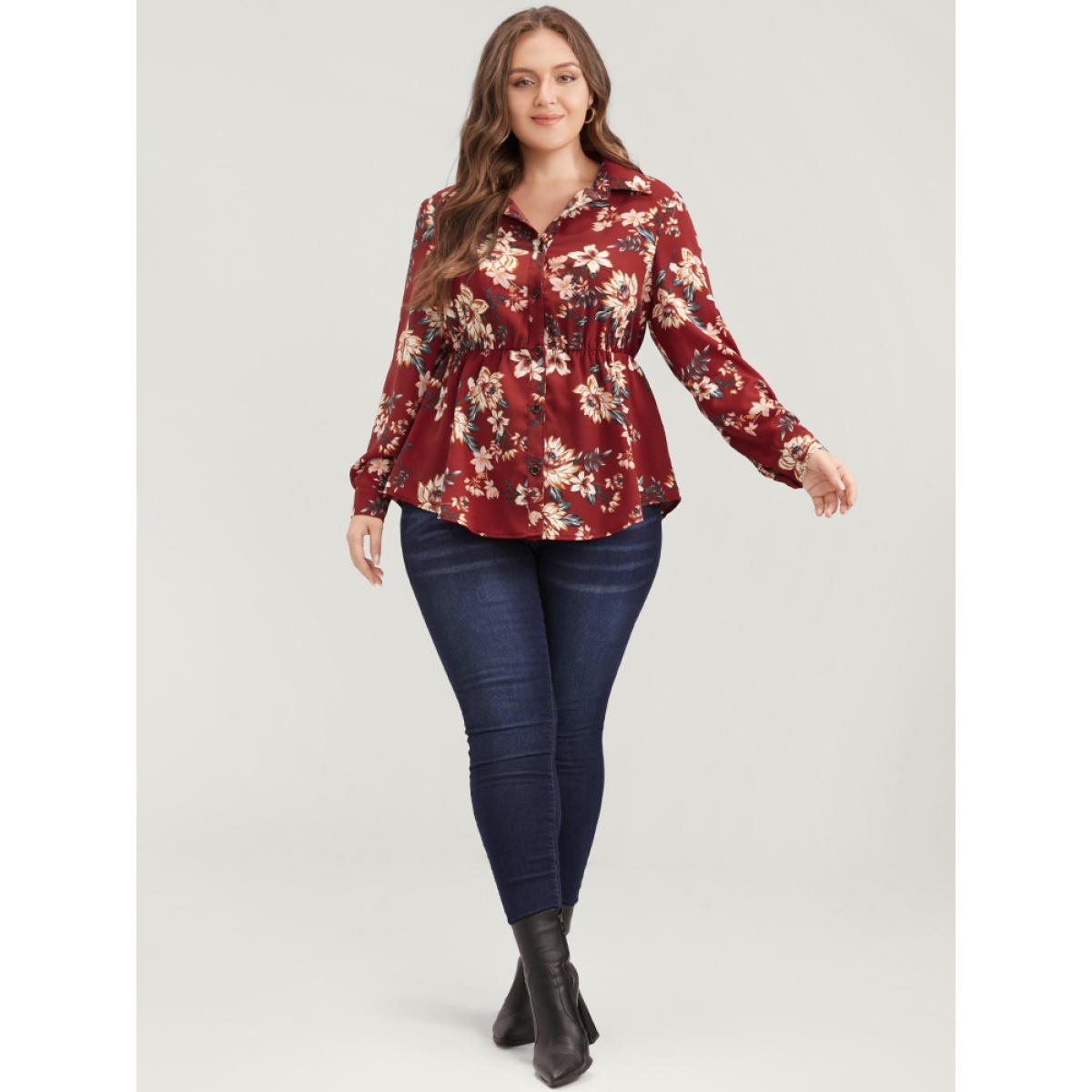 Plus Size Scarlet Floral Print Shirt Collar Button Up Blouse Women Elegant Long Sleeve Shirt collar Dailywear Blouses BloomChic 22-24/3X Product Image