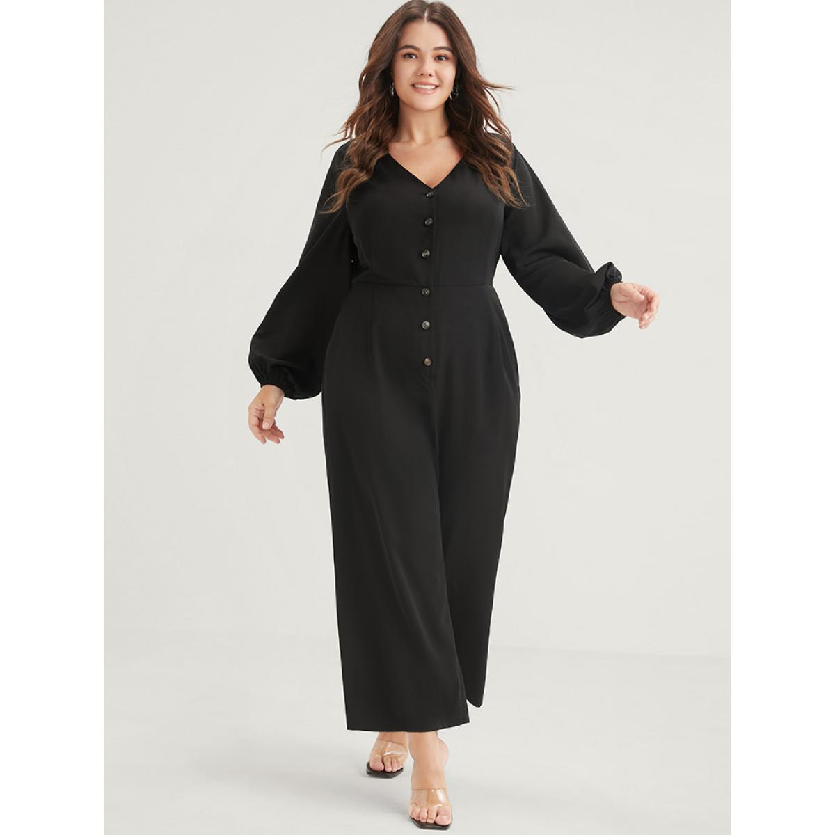 Plus Size Black Solid Button Front Lantern Sleeve Pocket Wide Leg Jumpsuit Women Office Long Sleeve V-neck Office Loose Jumpsuits BloomChic 18-20/2X Product Image