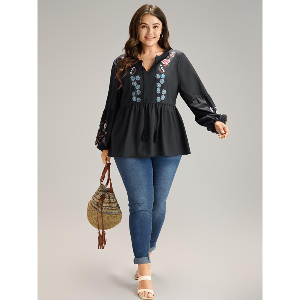 Plus Size Black Floral Print Tassels Knot Neck Lantern Sleeve Blouse Women Resort Long Sleeve Tie Neck Vacation Blouses BloomChic 12/L Product Image