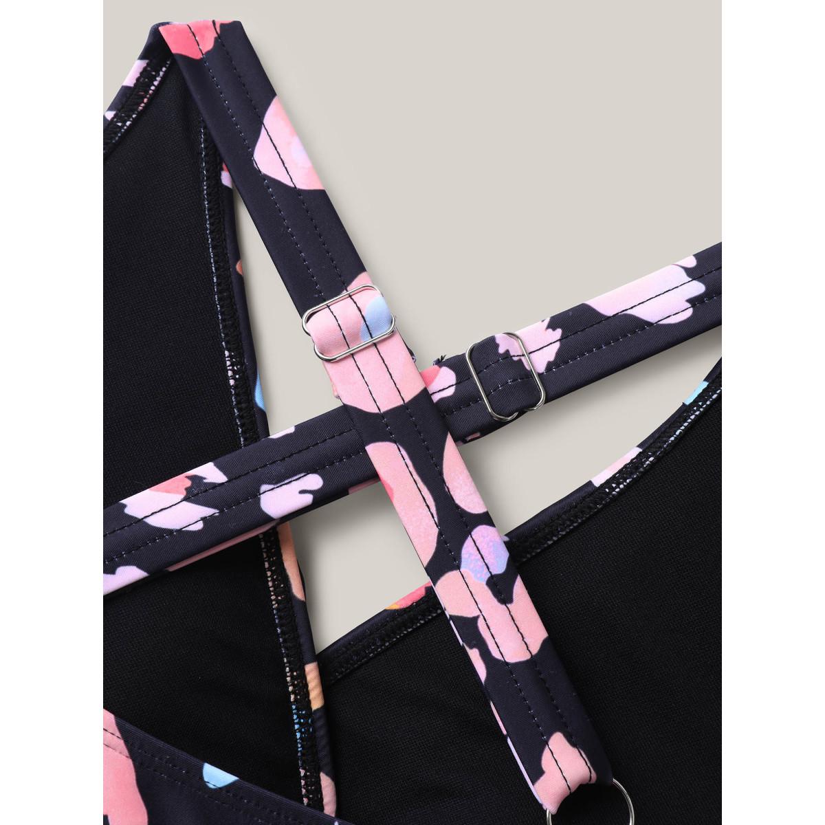 Plus Size Pattern Print Cross-Straps Swim Top Women's Swimwear Black Resort High stretch Skinny Overlap Collar Curve Swim Tops BloomChic 12/L Product Image