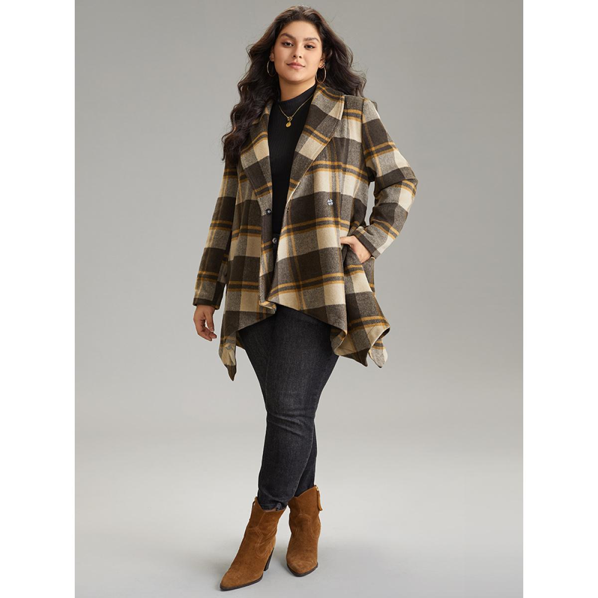 Plus Size Plaid Belted Lapel Collar Hanky Hem Coat Women DarkBrown Casual Belted Ladies Dailywear Winter Coats BloomChic 14-16/1X Product Image