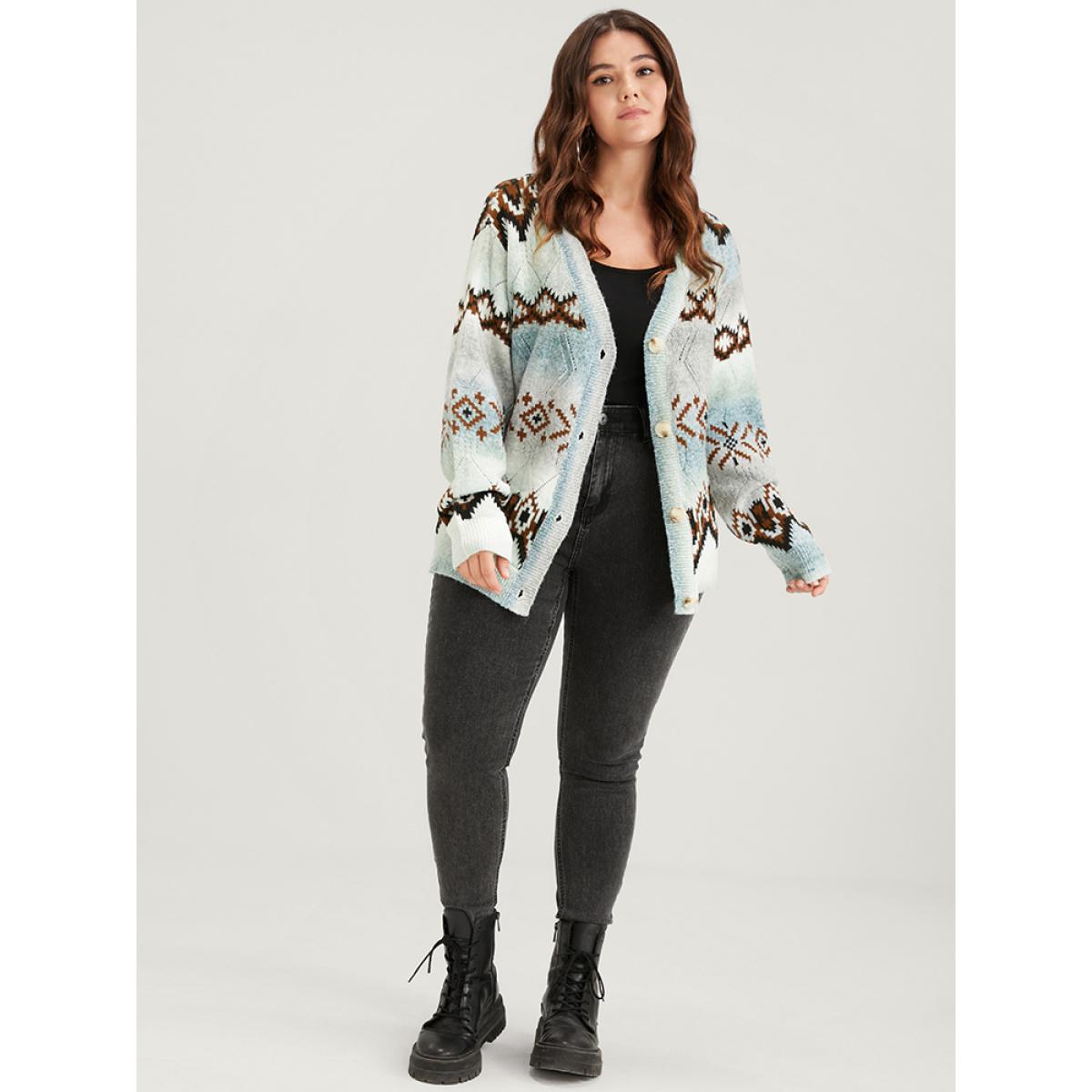Plus Size Geometric Print Super Soft Plush Knit Button Front Cardigan Multicolor Women Casual Loose Long Sleeve Dailywear Cardigans BloomChic 10/M Product Image