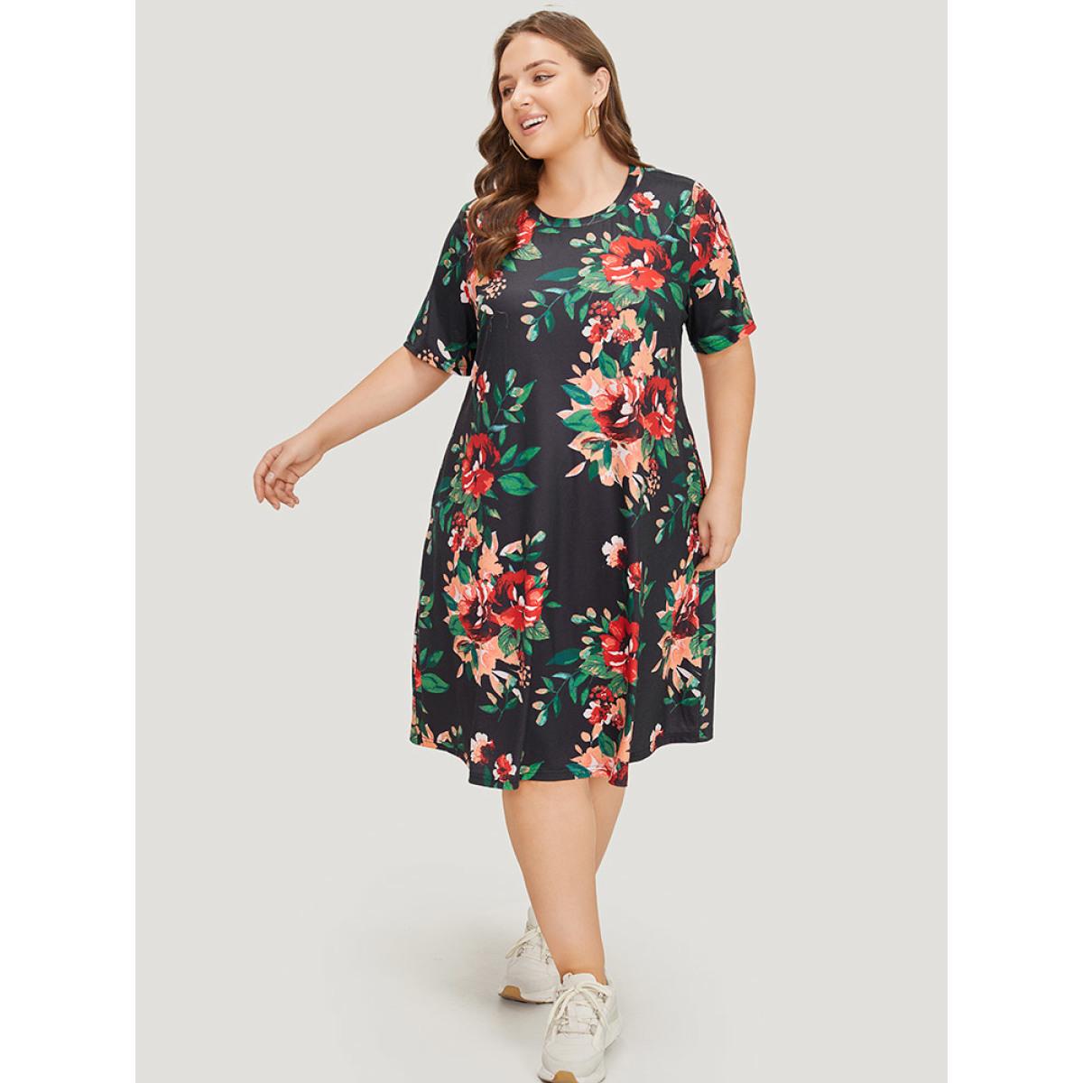Plus Size Floral Print Pocket Midi Dress Black Women Casual Pocket Round Neck Short sleeve Curvy Midi Dress BloomChic 28/5X Product Image