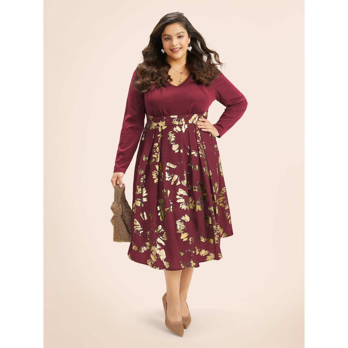 Plus Size Brush Glitter Pocket Patchwork Dress Burgundy Women Party Printed V-neck Long Sleeve Curvy Midi Dress BloomChic 18-20/2X Product Image