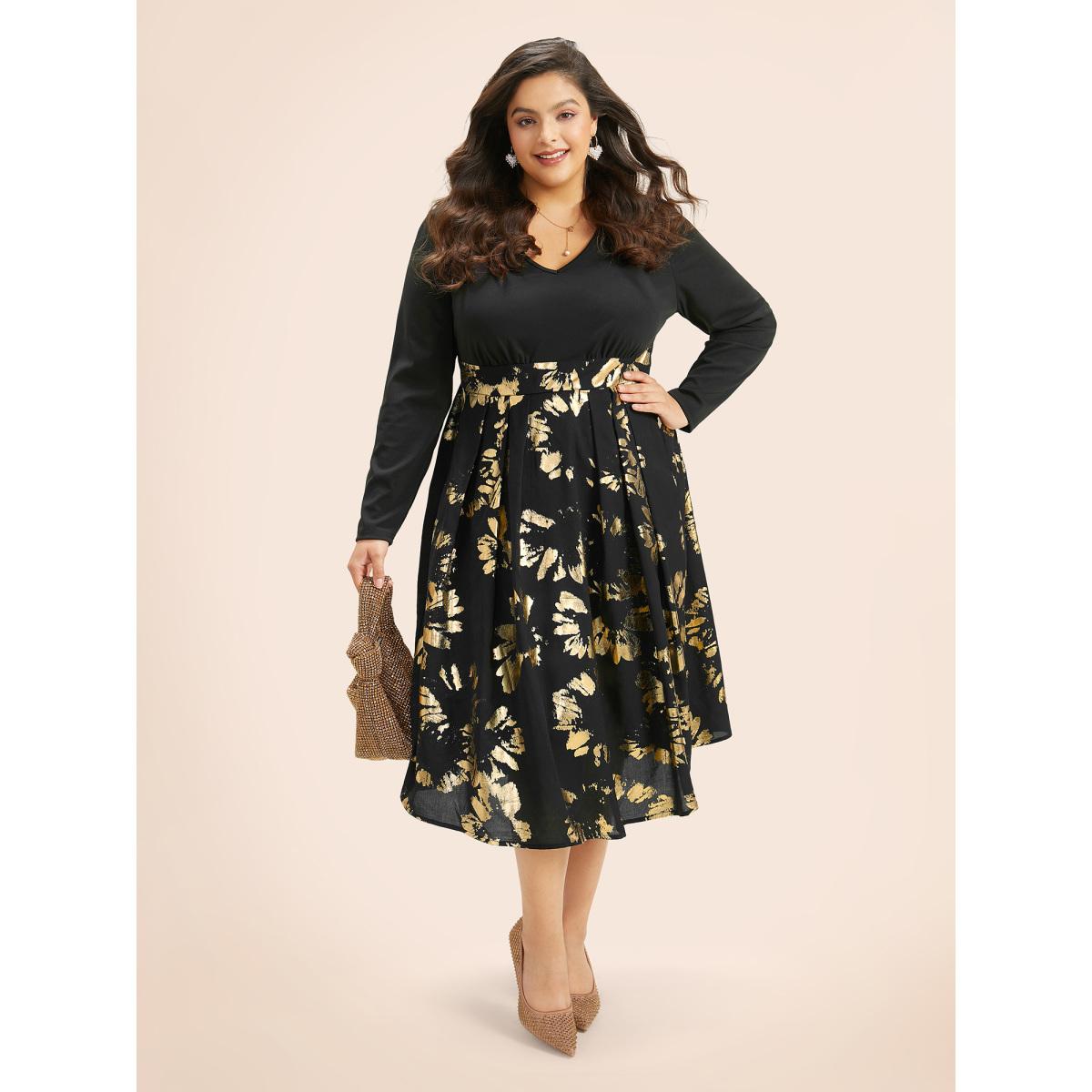 Plus Size Brush Glitter Pocket Patchwork Dress Black Women Party Printed V-neck Long Sleeve Curvy Midi Dress BloomChic 18-20/2X Product Image