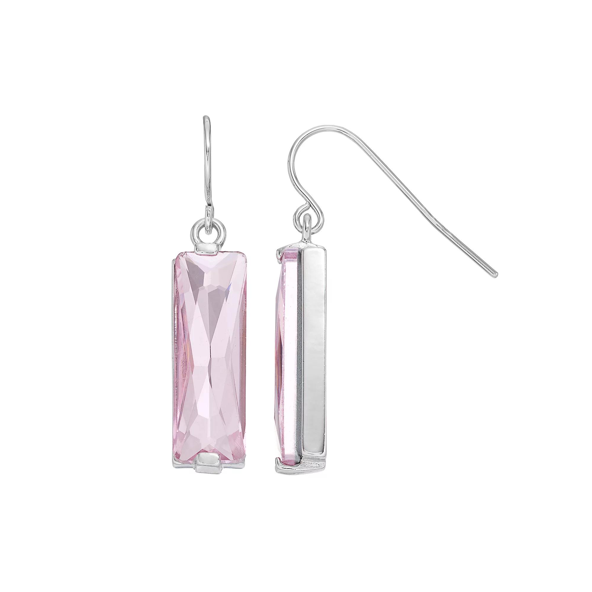 Sterling Silver Crystal Rectangle Drop Earrings, Womens, Pink Product Image
