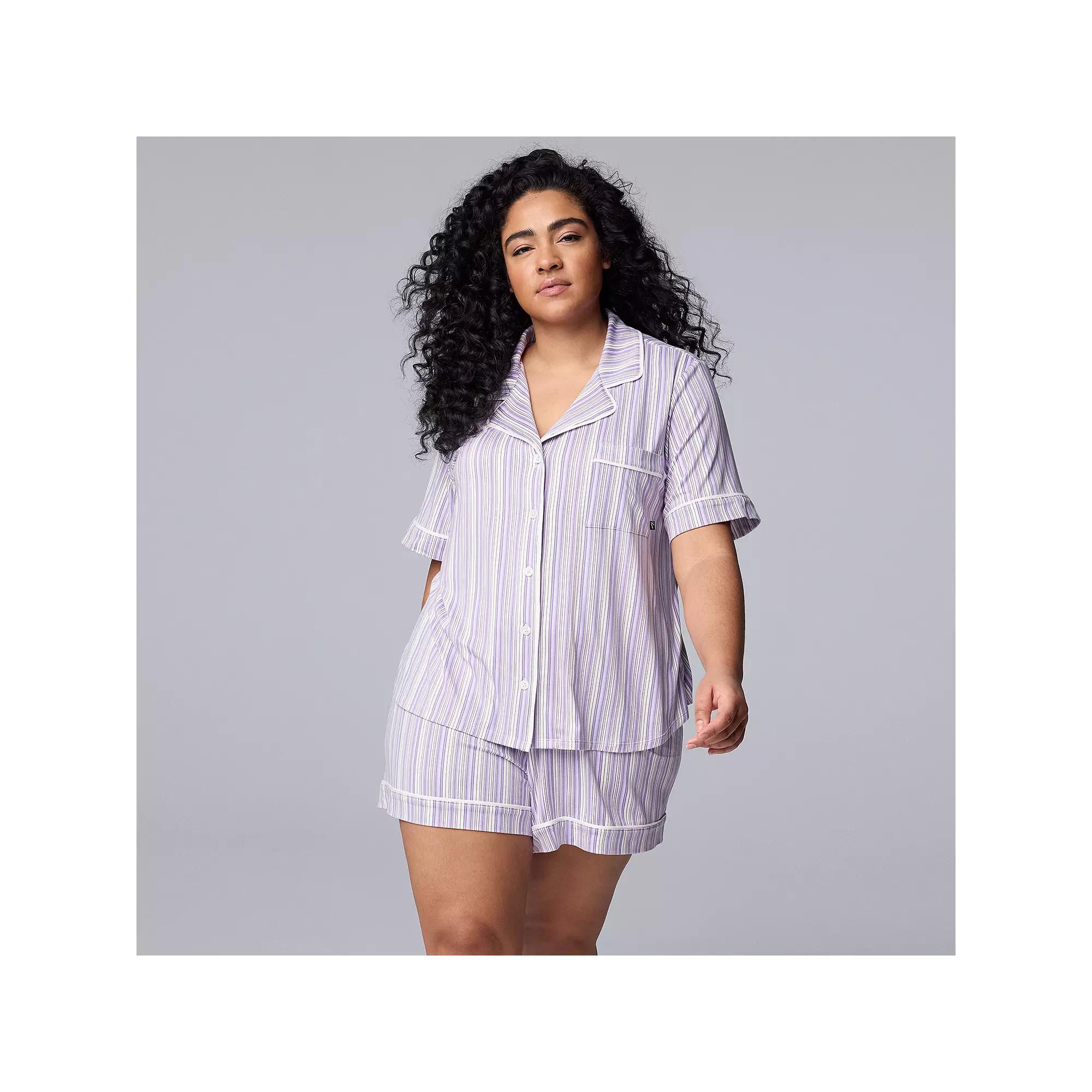 Plus Size Simply Vera Vera Wang Cozy Short Sleeve Notch Collar Pajama Top & Boxer Pajama Shorts Set, Women's, Size: 2XL, Purple Stripe Product Image