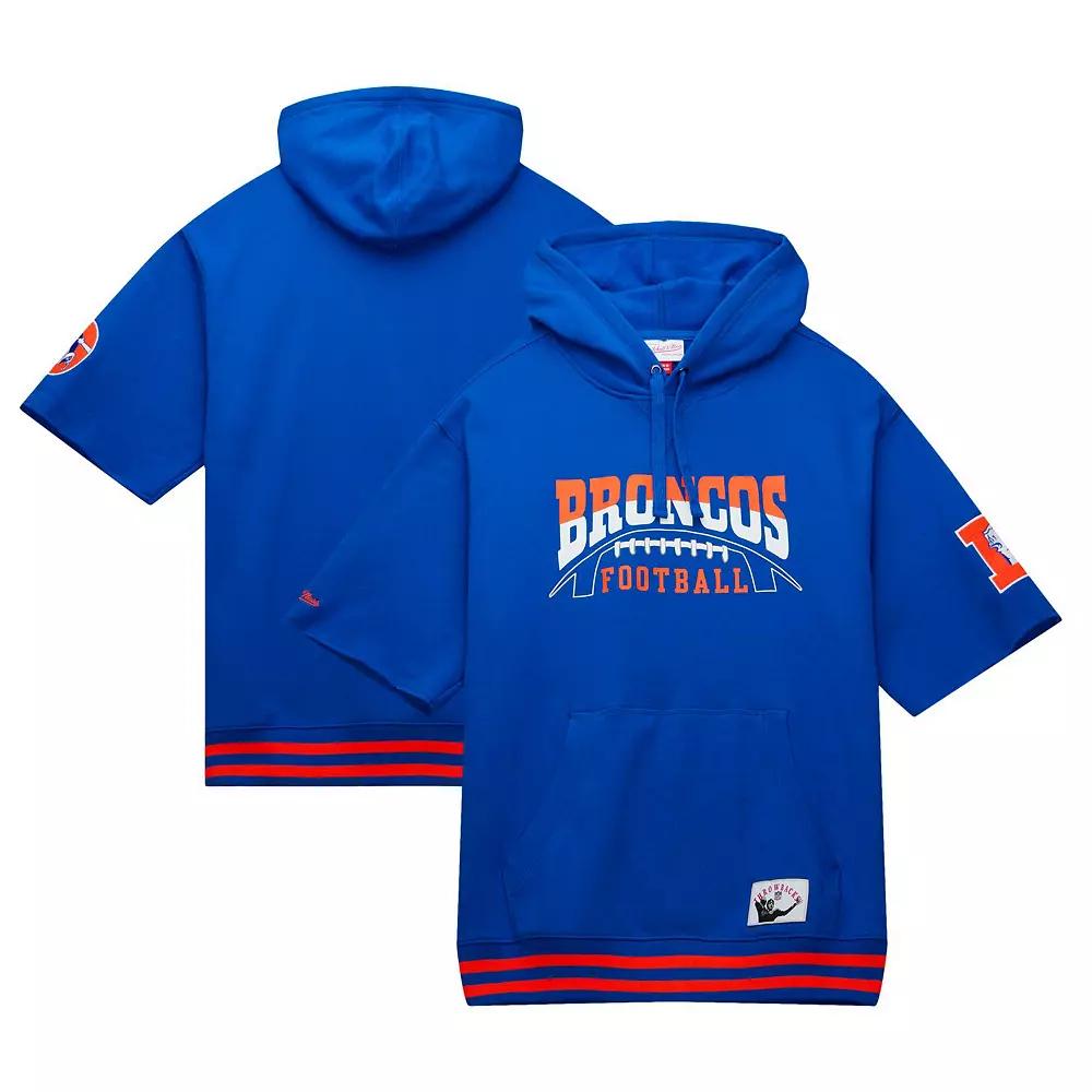 Men's Mitchell & Ness Royal Denver Broncos Pre-Game Short Sleeve Pullover Hoodie, Size: 2XL, Blue Product Image