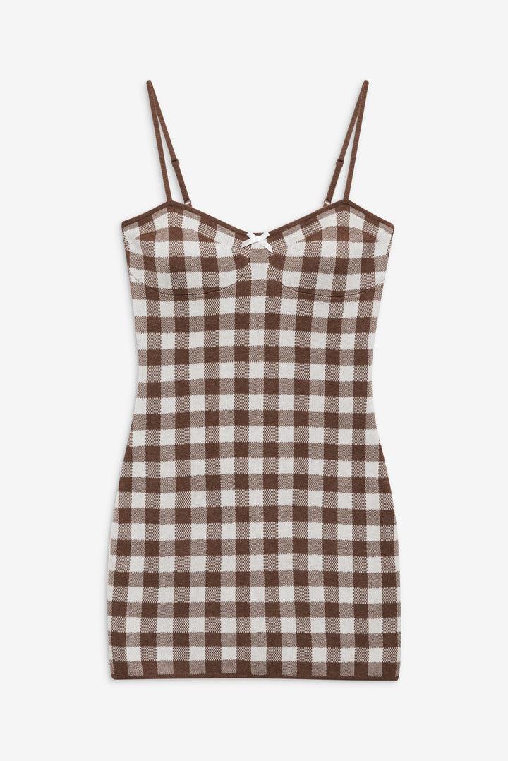 Gingham Knit Mini Dress — Brown Product Image