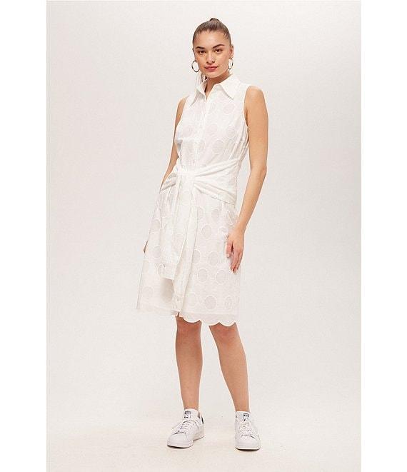 Trina Turk Rally Eyelet Point Collar Sleeveless Tie Front Scallop Dress Product Image