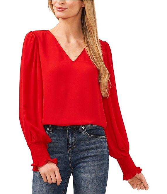 CeCe V-Neck Long Peasant Sleeve Smocked Cuff Heavy Georgette Blouse Product Image