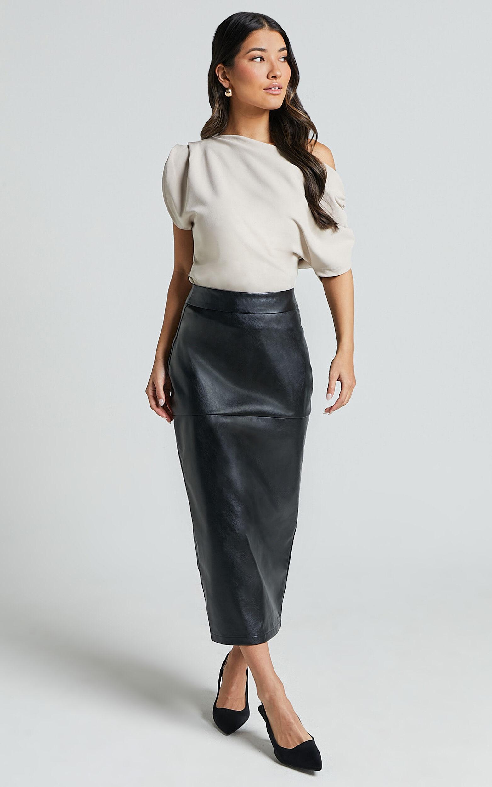 Emma Midi Skirt - High Waisted Faux Leather Skirt in Black Product Image