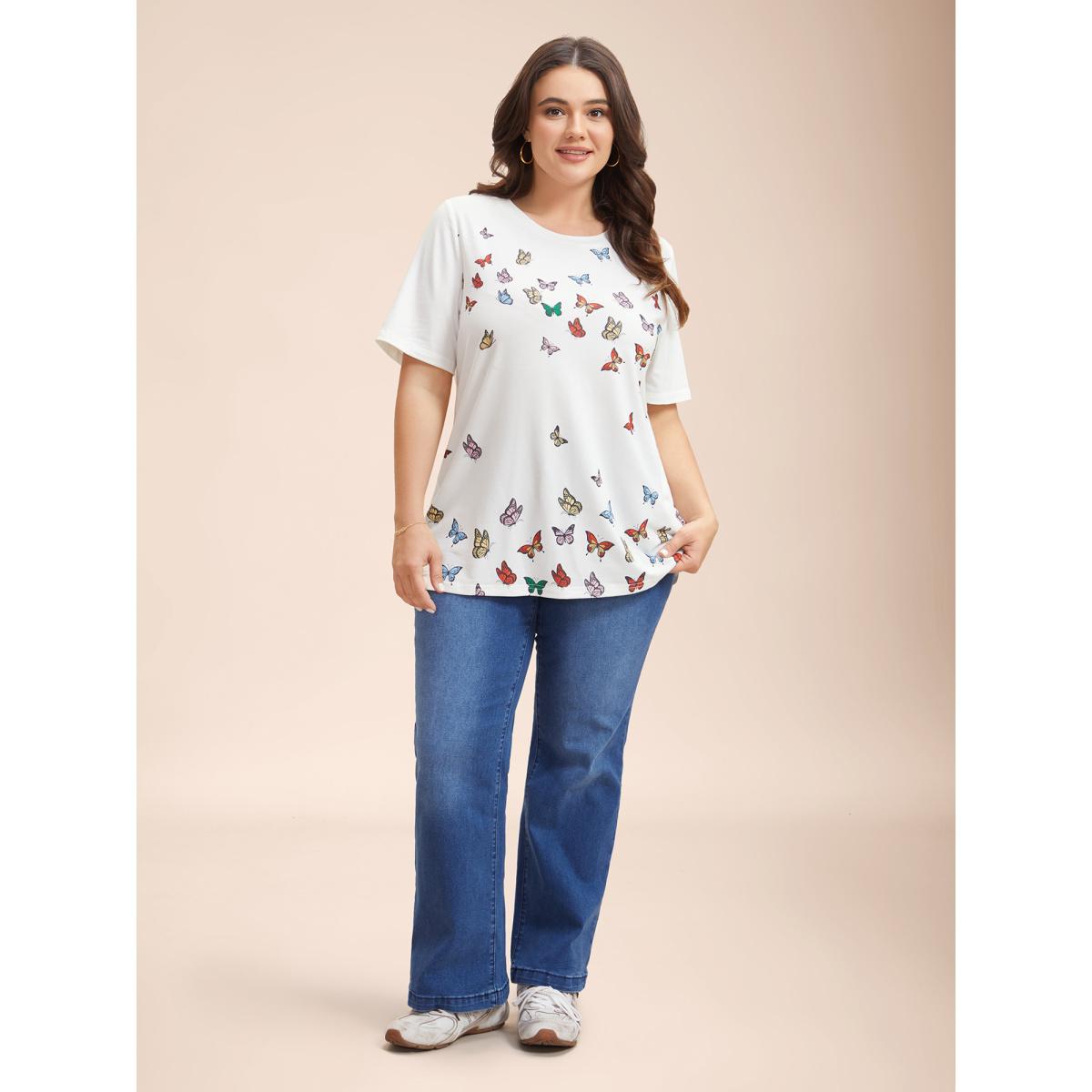 Plus Size Butterfly Print Stretchy T-Shirt Opticwhite Women Casual Non Butterfly Round Neck Everyday T-shirts BloomChic 22-24/3X Product Image
