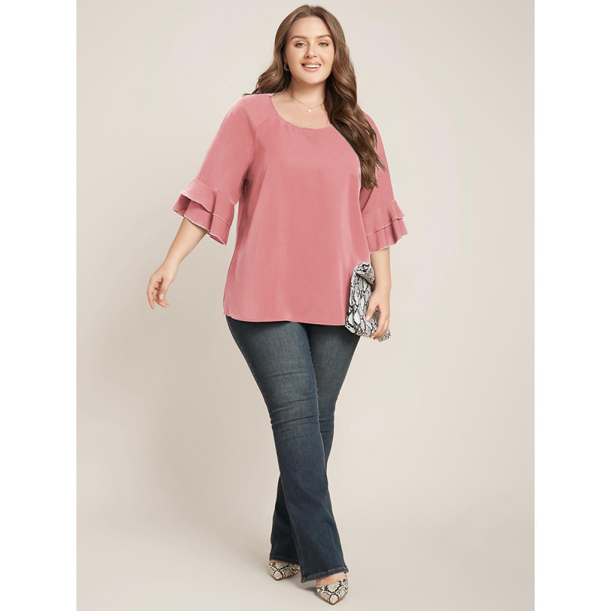 Plus Size DustyPink Plain Ruffle Tiered Round Neck Blouse Women Work From Home Elbow-length sleeve Round Neck Work Blouses BloomChic 30/6X Product Image