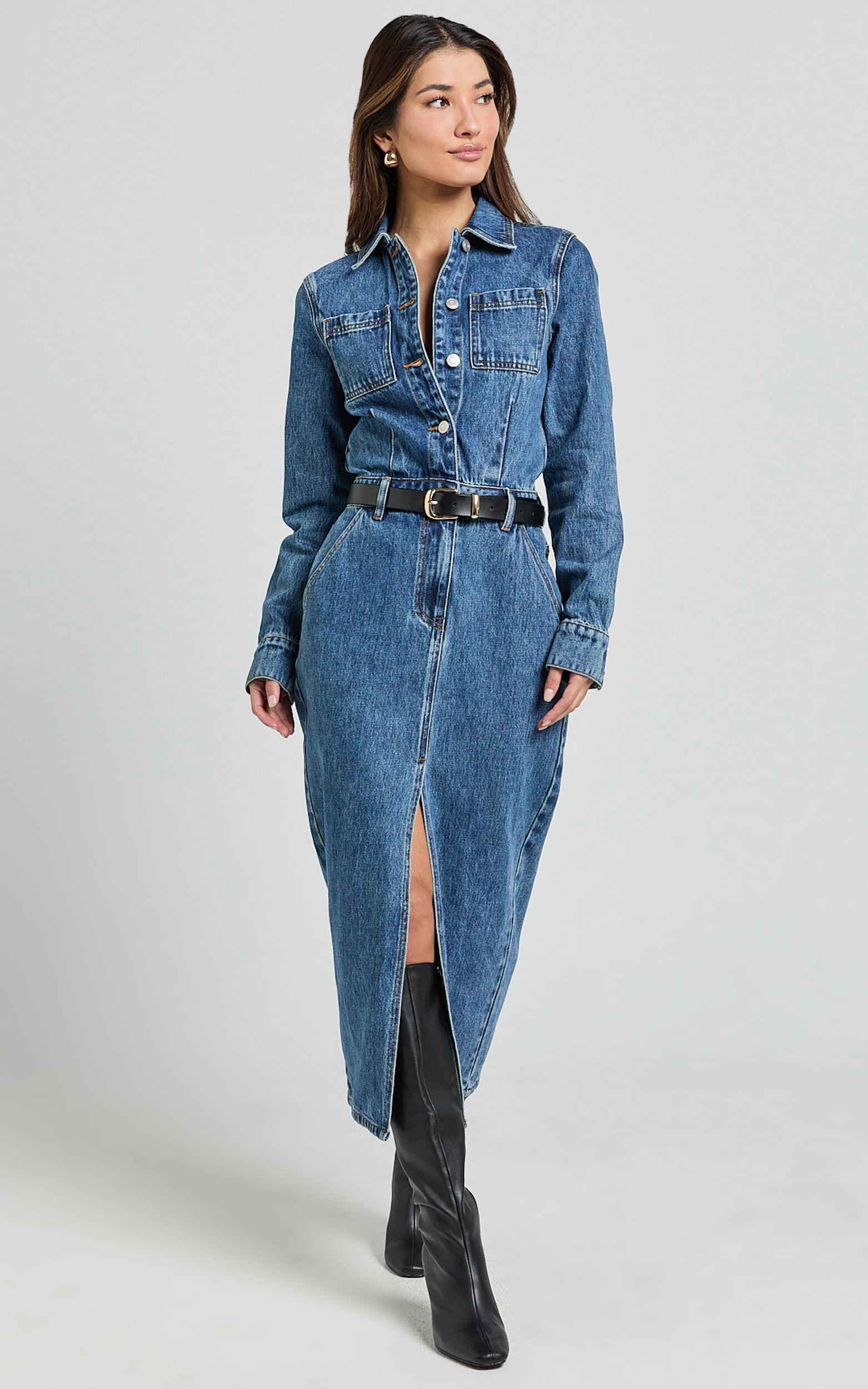 Alison Midi Dress - Long Sleeve Front Split Denim Dress in Mid Blue Wash Product Image
