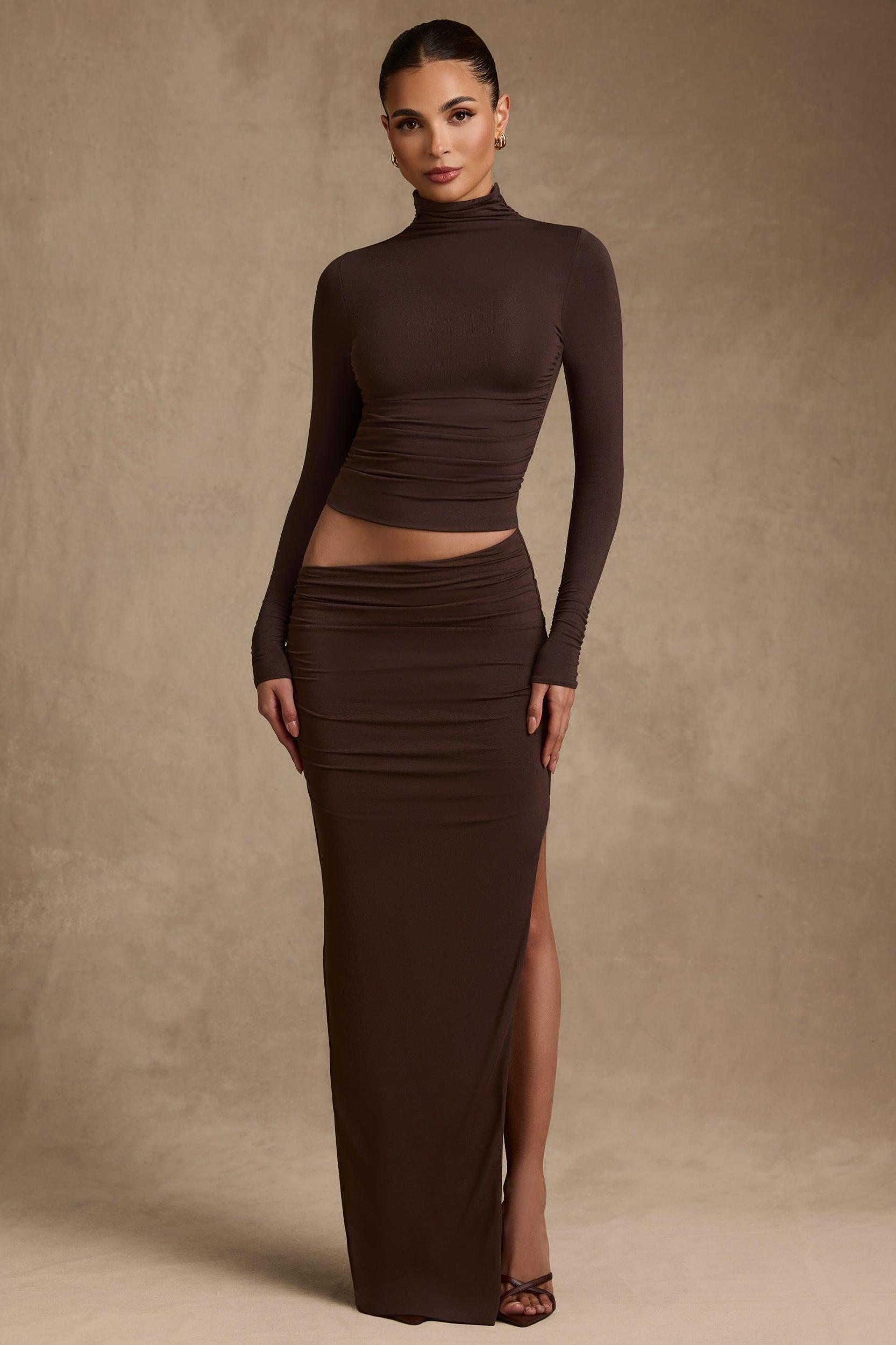 Modal Asymmetric-Waist Maxi Skirt in Chocolate Brown Product Image