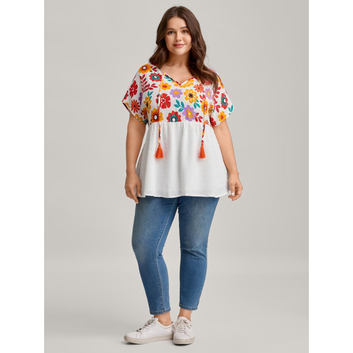 Plus Size WhiteSmoke Floral Print Neck-Tie Babydoll Top Women Resort Short sleeve Non Vacation Blouses BloomChic 28/5X Product Image