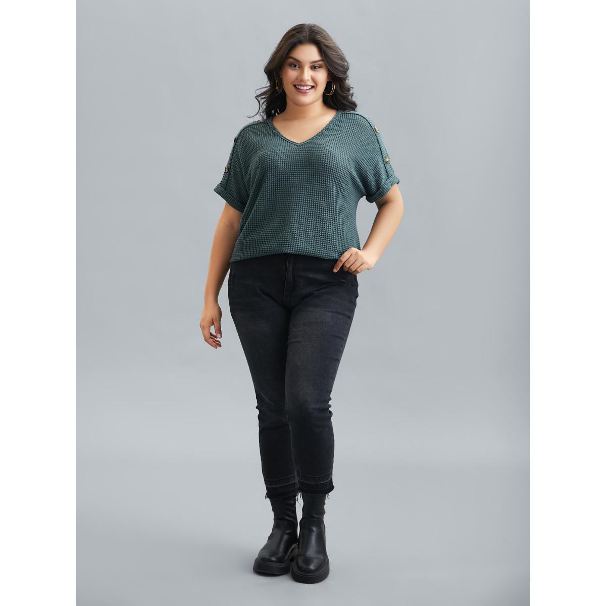 Plus Size Stretchy Buttons Fitted Waffle Knit T-Shirt Teal Women Casual Texture V-neck Everyday T-shirts BloomChic 30/6X Product Image