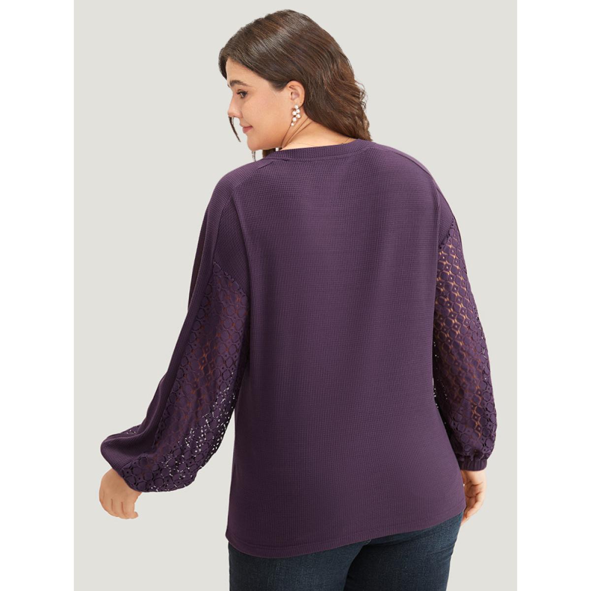 Plus Size Waffle Knit Lace Panel Drop Shoulder Sweatshirt Women Eggplant Elegant Elastic cuffs Round Neck Dailywear Sweatshirts BloomChic 22-24/3X Product Image