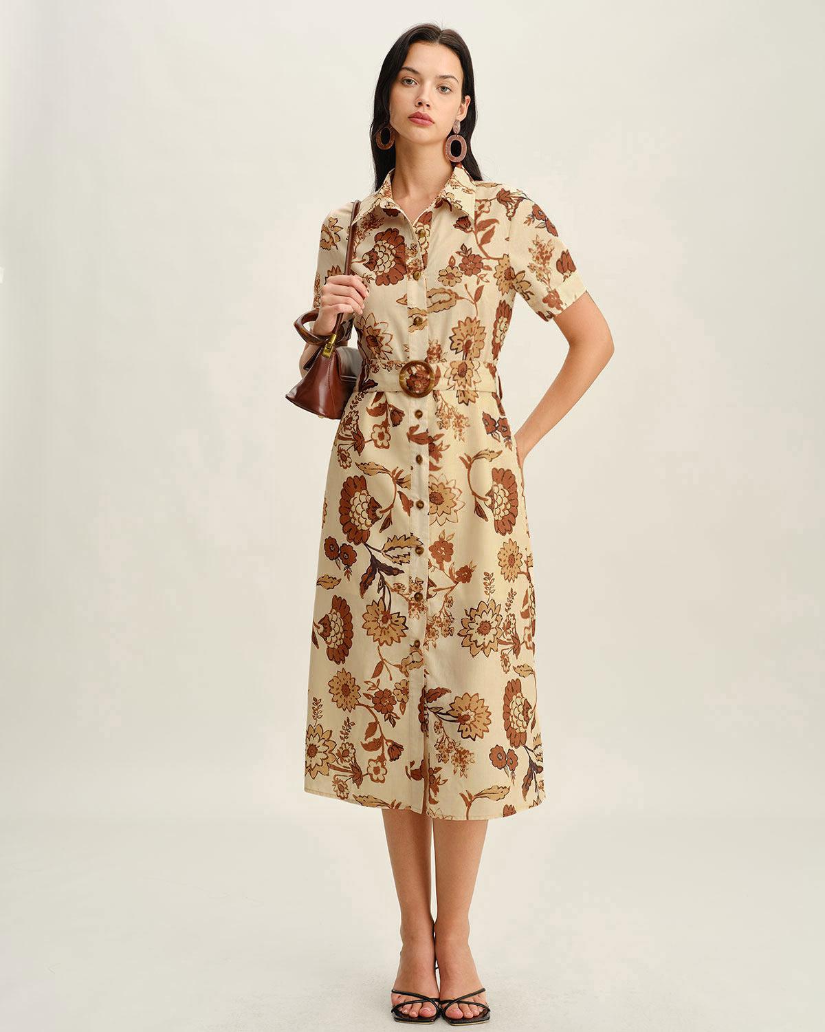 Brown Floral Belted Midi Dress Product Image