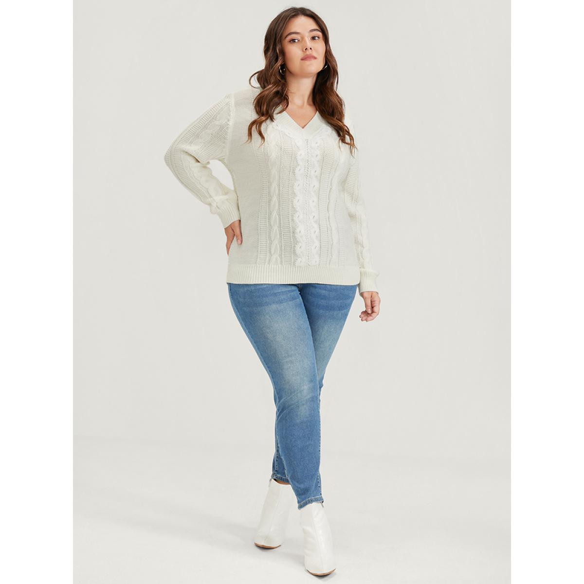 Plus Size Plain Pointelle Knit V Neck Cable Knit Lace Patchwork Knit Top White Women Elegant Loose Long Sleeve V-neck Dailywear Pullovers BloomChic 18-20/2X Product Image