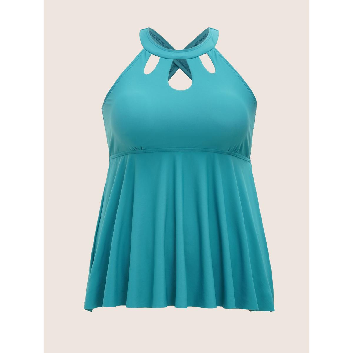 Plus Size Solid Cut Out Gathered Adjustable Straps Swim Top Women's Swimwear Mediumblue Beach Gathered High stretch Bodycon Halter neck Curve Swim Tops BloomChic 12/L Product Image