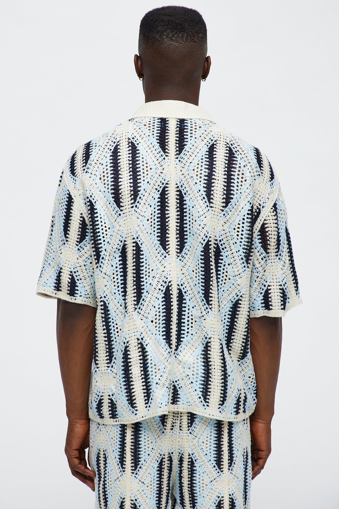 Cropped Relaxed Triangles Knit Closed Collar Shirt - Blue/combo Male Product Image