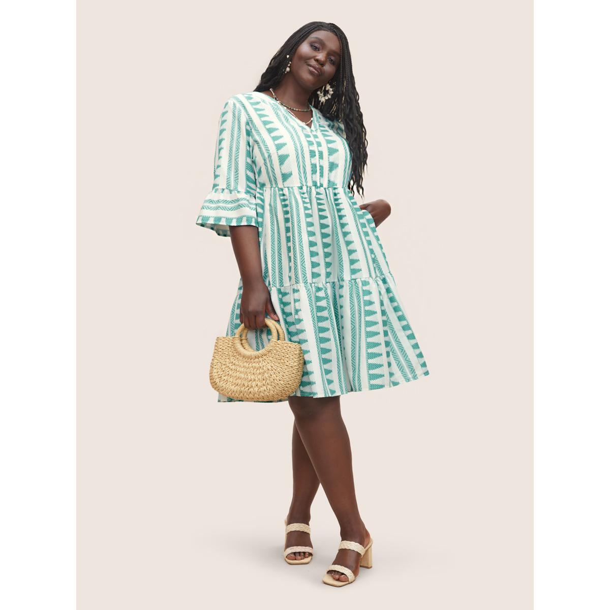 Plus Size Bandana Geometric Notched Ruffle Layered Hem Dress Turquoise Women Resort Non Notched collar Elbow-length sleeve Curvy Midi Dress BloomChic 30/6X Product Image