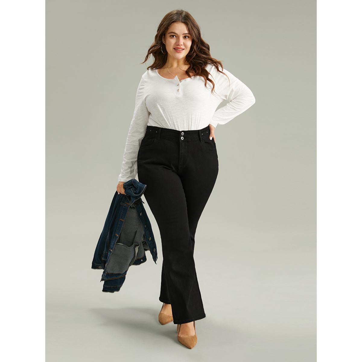 Plus Size Very Stretchy Beaded Detail Bootcut Jeans Women Black Casual Plain Beaded High stretch Pocket Jeans BloomChic 10/M Product Image