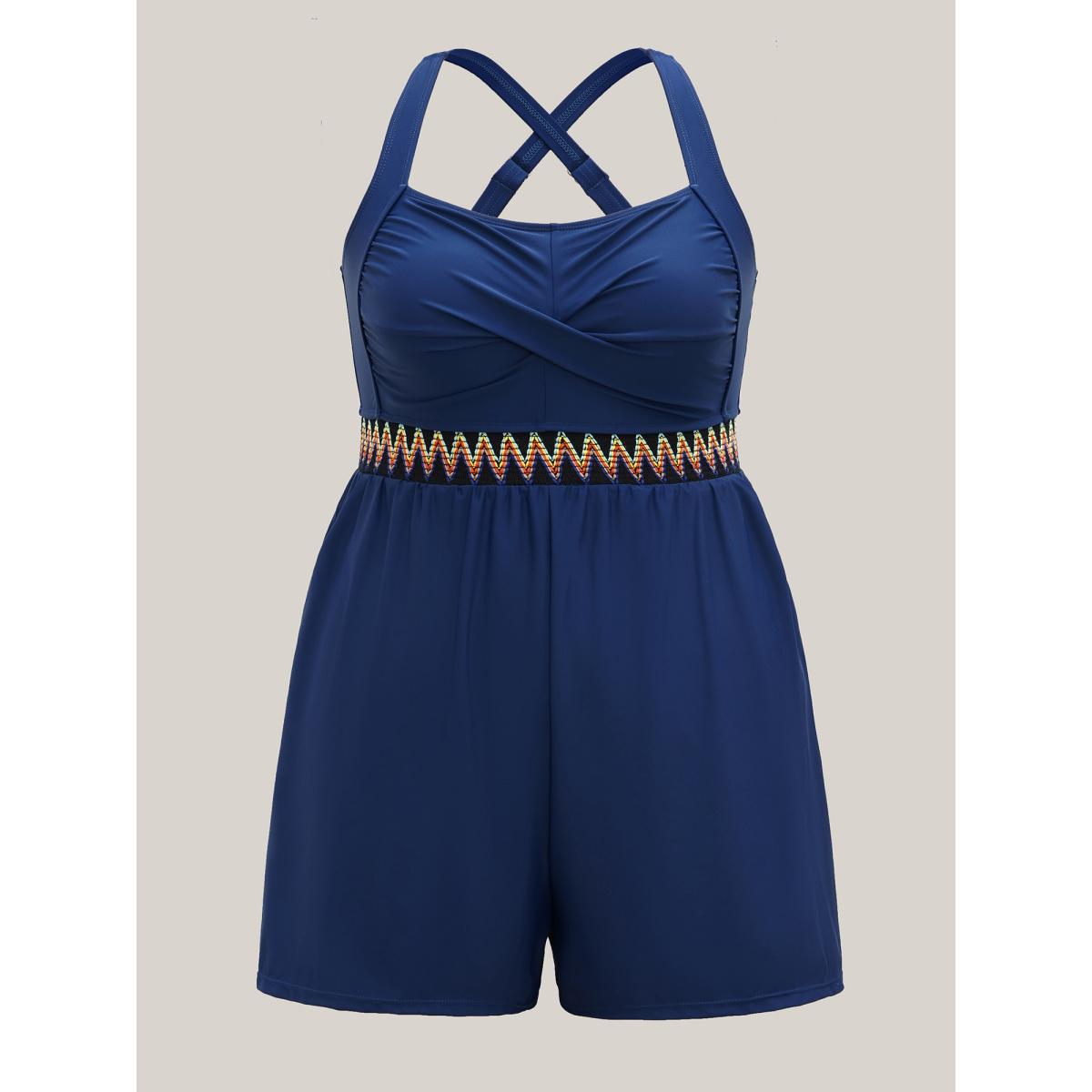 Plus Size Twist-Front Contrast Webbed One-Piece Swimsuit Women's Swimwear Indigo Resort Woven ribbon&lace trim Curve Bathing Suits High stretch One Pieces BloomChic 26/4X Product Image