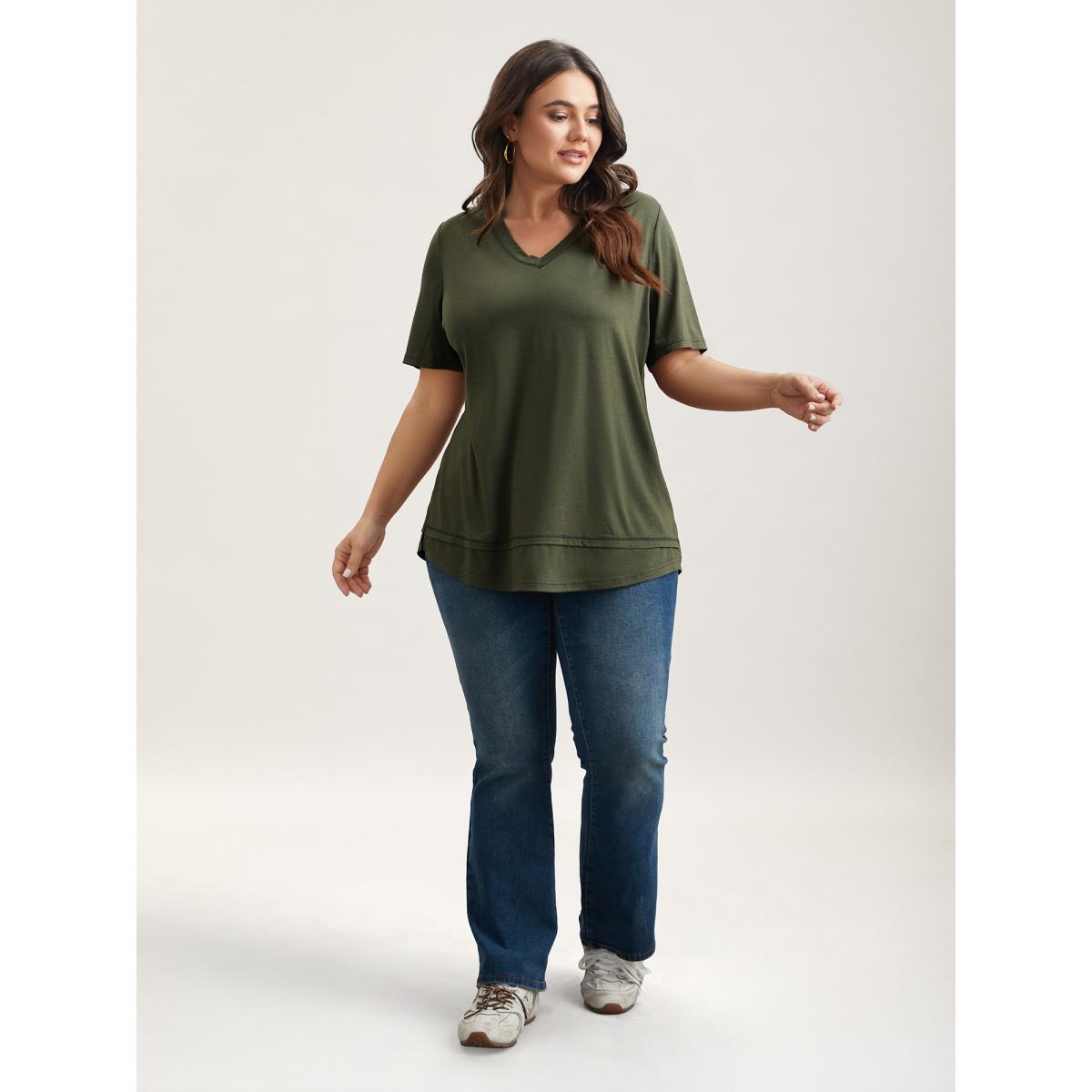 Plus Size V-Neck Half-Sleeve T-Shirt ArmyGreen Women Casual Topstitching V-neck Everyday T-shirts BloomChic 12/L Product Image