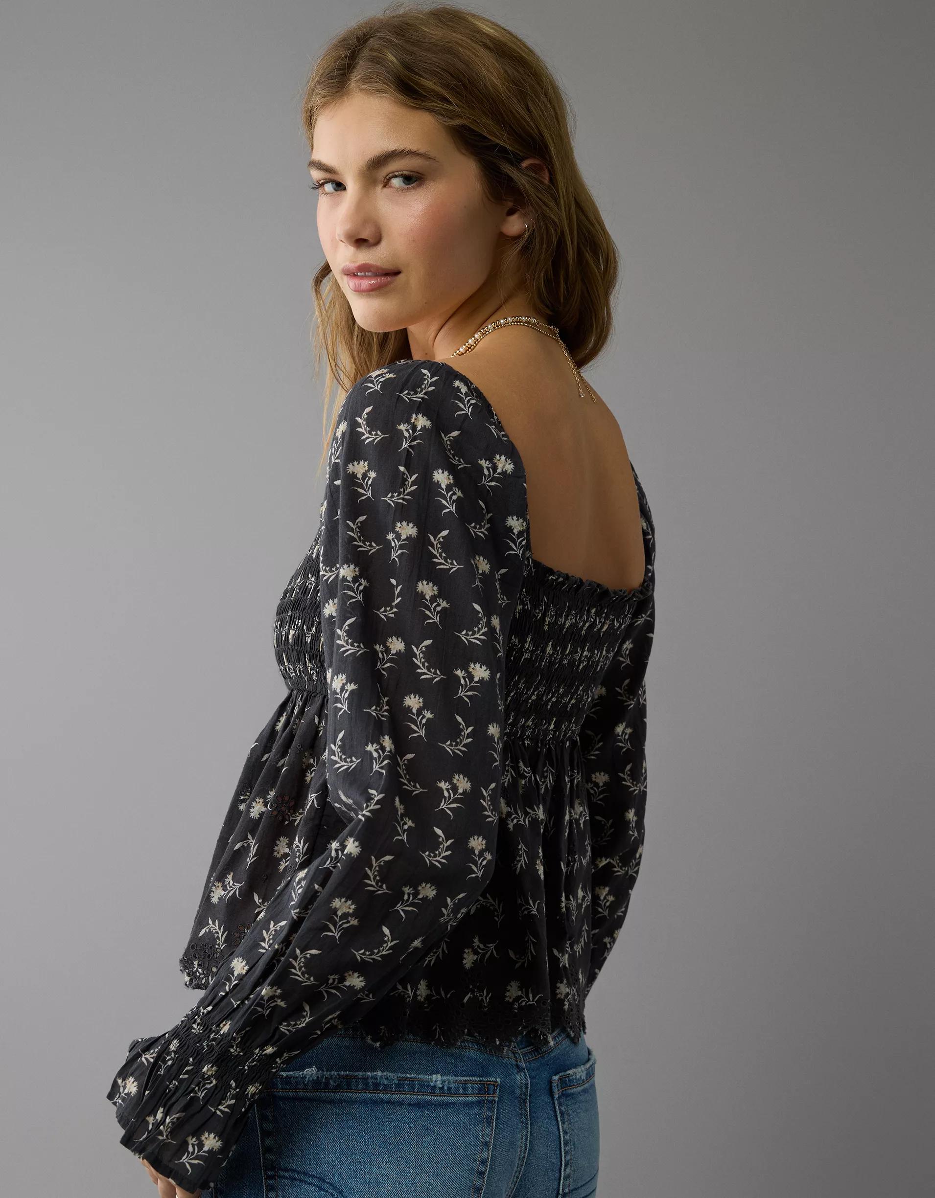 AE Long-Sleeve Smocked Babydoll Blouse Product Image