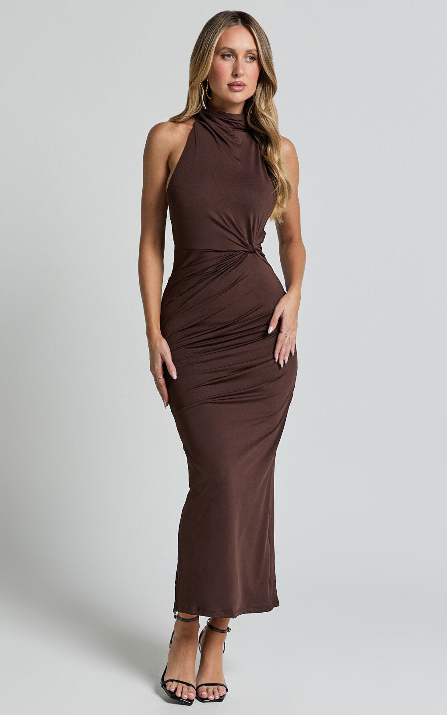 Olenna Midi Dress - Halter Neck Twist Detail Tie Back Dress in Chocolate Product Image