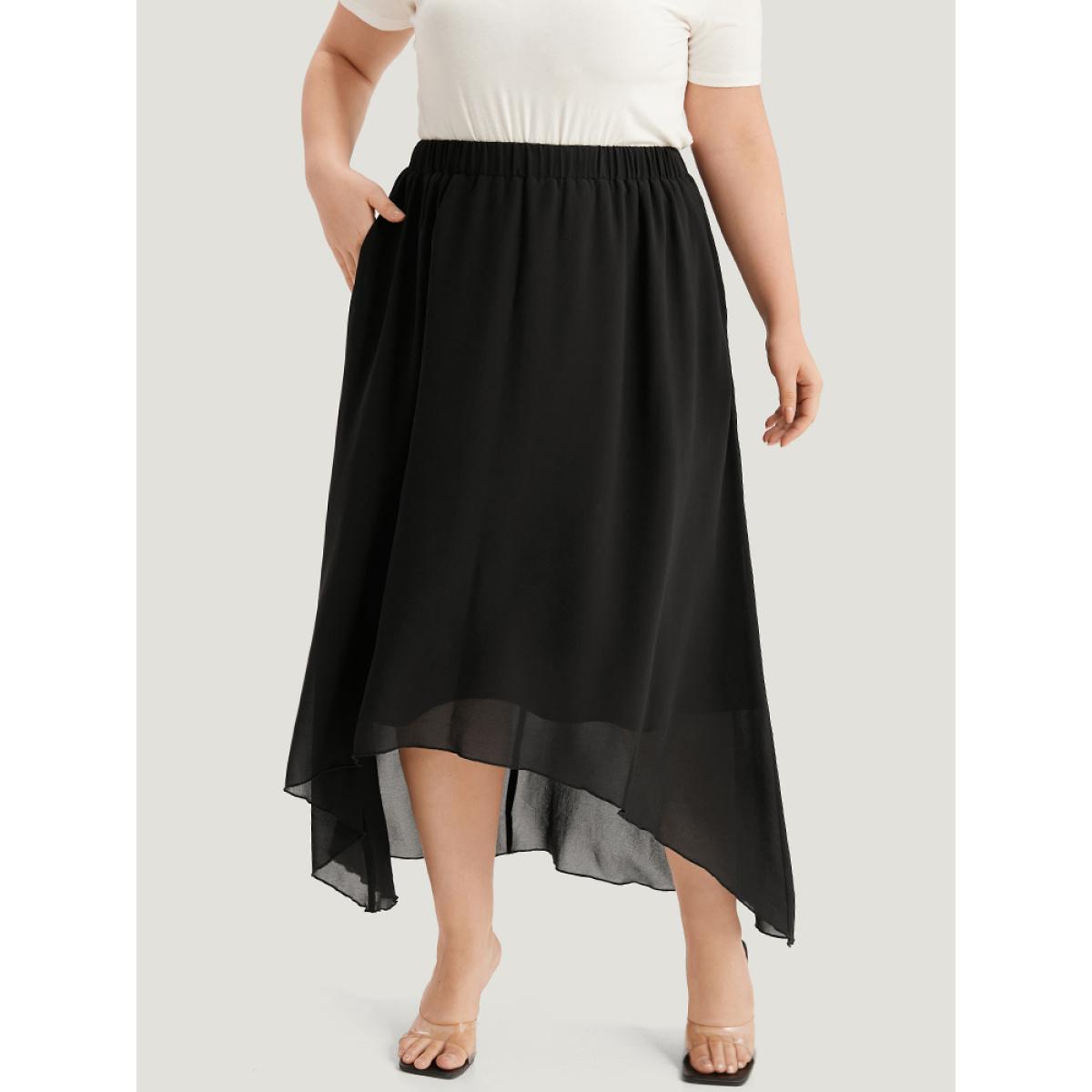 Plus Size Plain Elastic Waist Pocket Mesh High Low Hem Skirt Women Black Elegant Elastic Waist Loose Low stretch Dailywear Skirts BloomChic 10/M Product Image