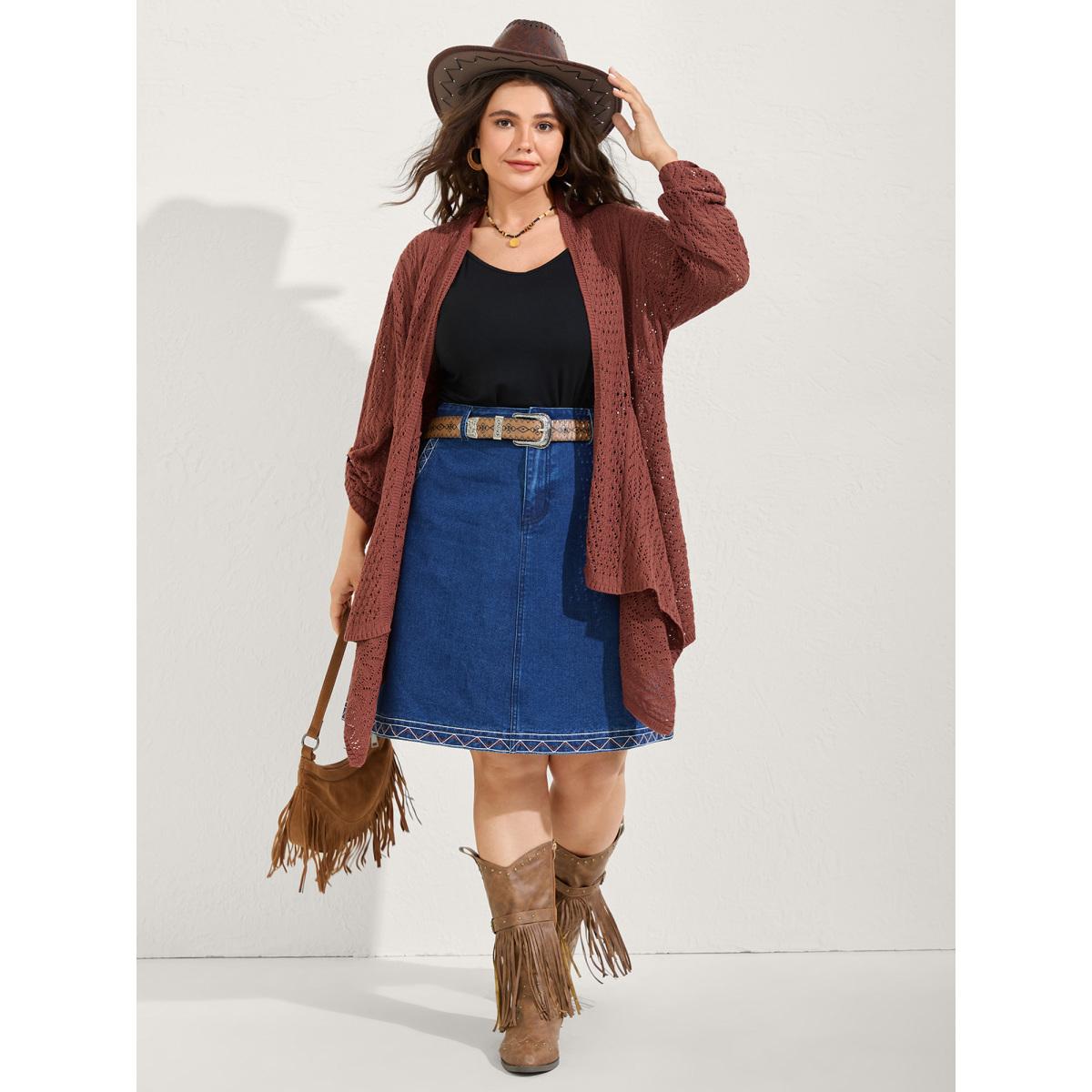 Plus Size Textured Cut-Out Asymmetrical Lightweight Cardigan Rust Women Resort Loose Long Sleeve Vacation Cardigans BloomChic 10/M Product Image