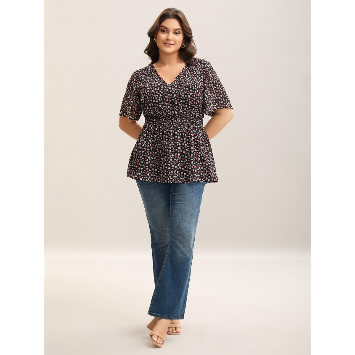 Plus Size Black Floral Print Shirred Waist Cinched Shirt Women Timeless Half Sleeve V-neck Elegant Blouses BloomChic 12/L Product Image