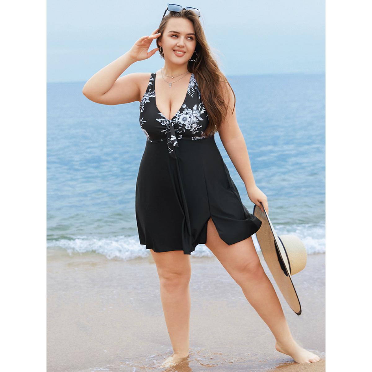 Plus Size Floral Patchwork Knotted Front Split Swim Dress Women's Swimwear Black Vacation Bodycon V-neck High stretch Curve Swim Dresses BloomChic 10/M Product Image
