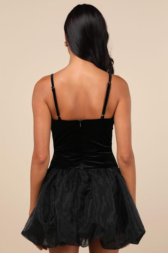 Coquette Energy Black Polka Dot Velvet Drop Waist Mini Dress Product Image