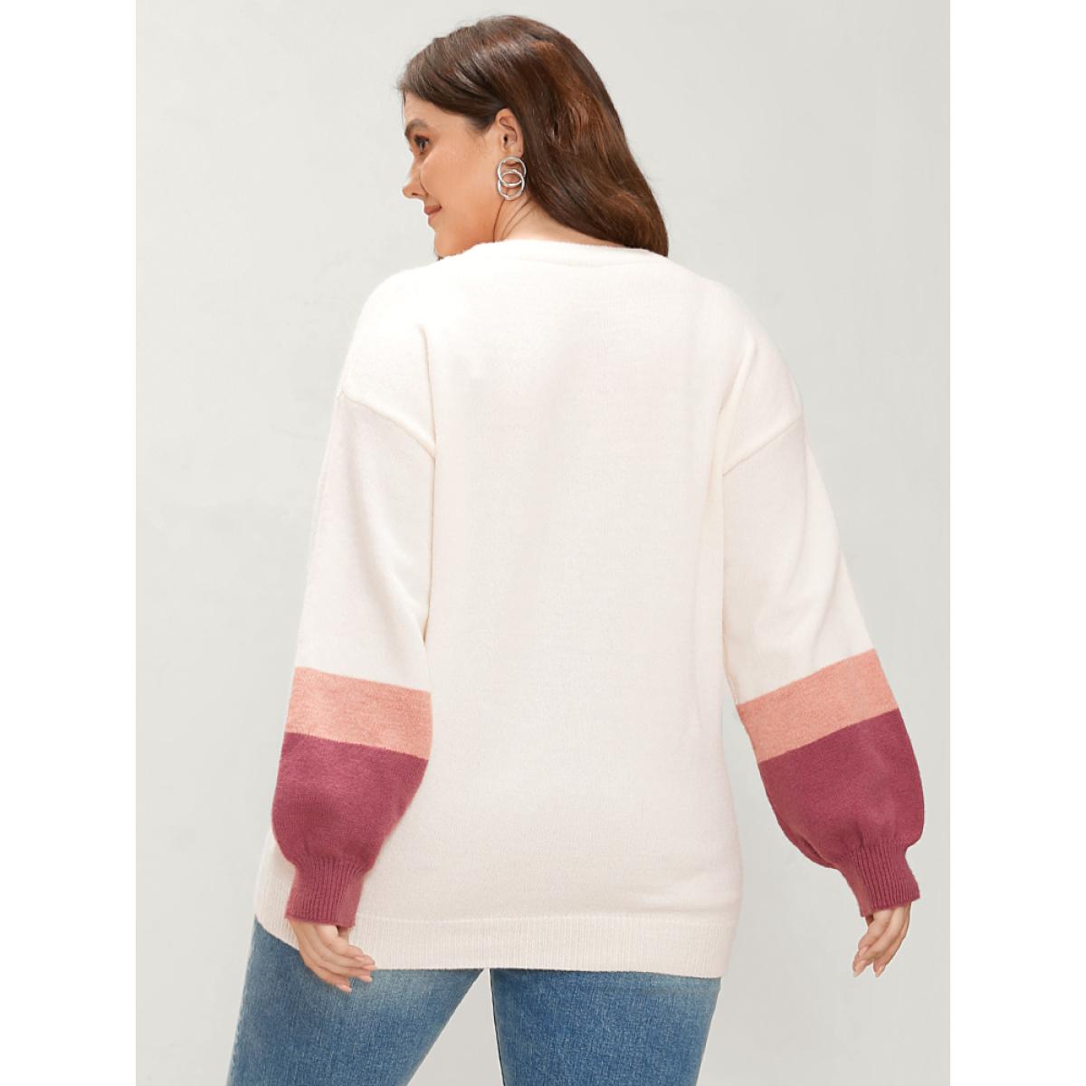 Plus Size Colorblock Contrast Soft Pointelle Knit Lantern Sleeve Knit Top Ivory Women Casual Loose Long Sleeve Round Neck Dailywear Pullovers BloomChic 28/5X Product Image