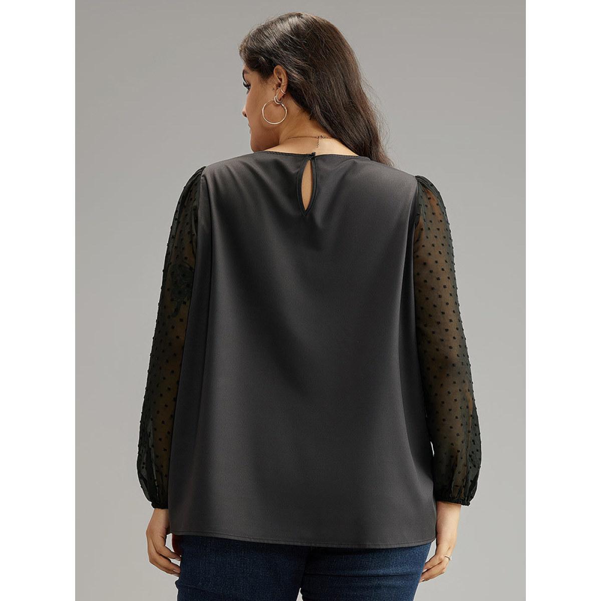 Plus Size Black Boho Print Patchwork Mesh Lantern Sleeve Blouse Women Elegant Long Sleeve Round Neck Dailywear Blouses BloomChic 18-20/2X Product Image