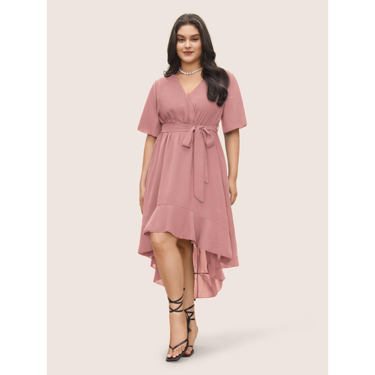 Plus Size Bloom Dress - Solid Tie Surplice Ruffle High Low Dress Lightpink Women Elegant Cross straps V-neck Short sleeve Curvy Midi Dress BloomChic 22-24/3X Product Image